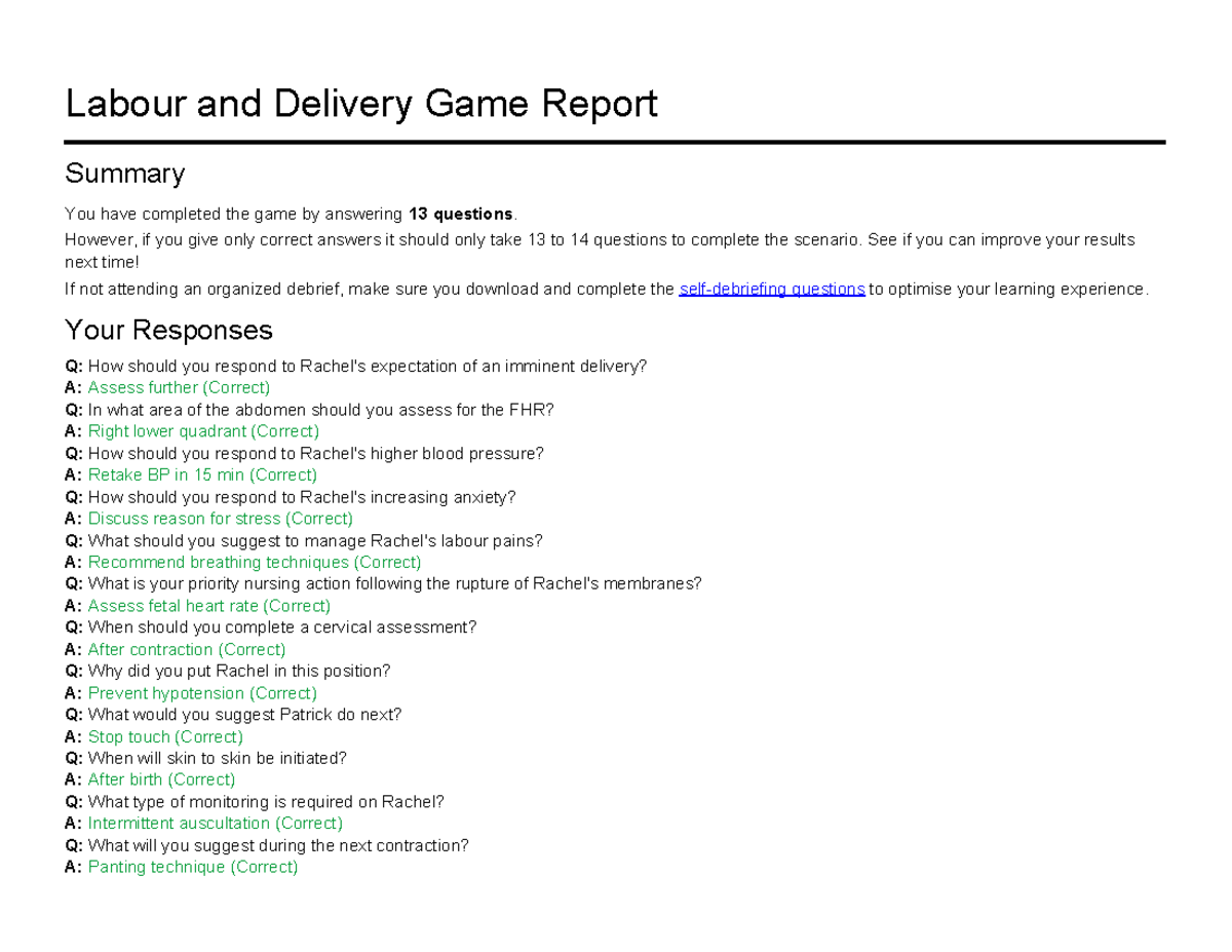 Labour delivery game report Labour and Delivery Game Report Summary
