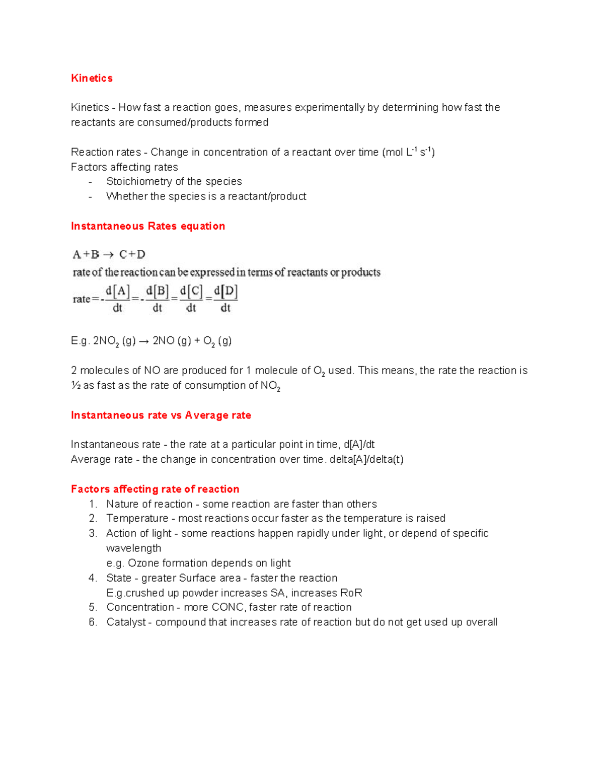 Kinetics Notes - Kinetics Kinetics - How fast a reaction goes, measures ...