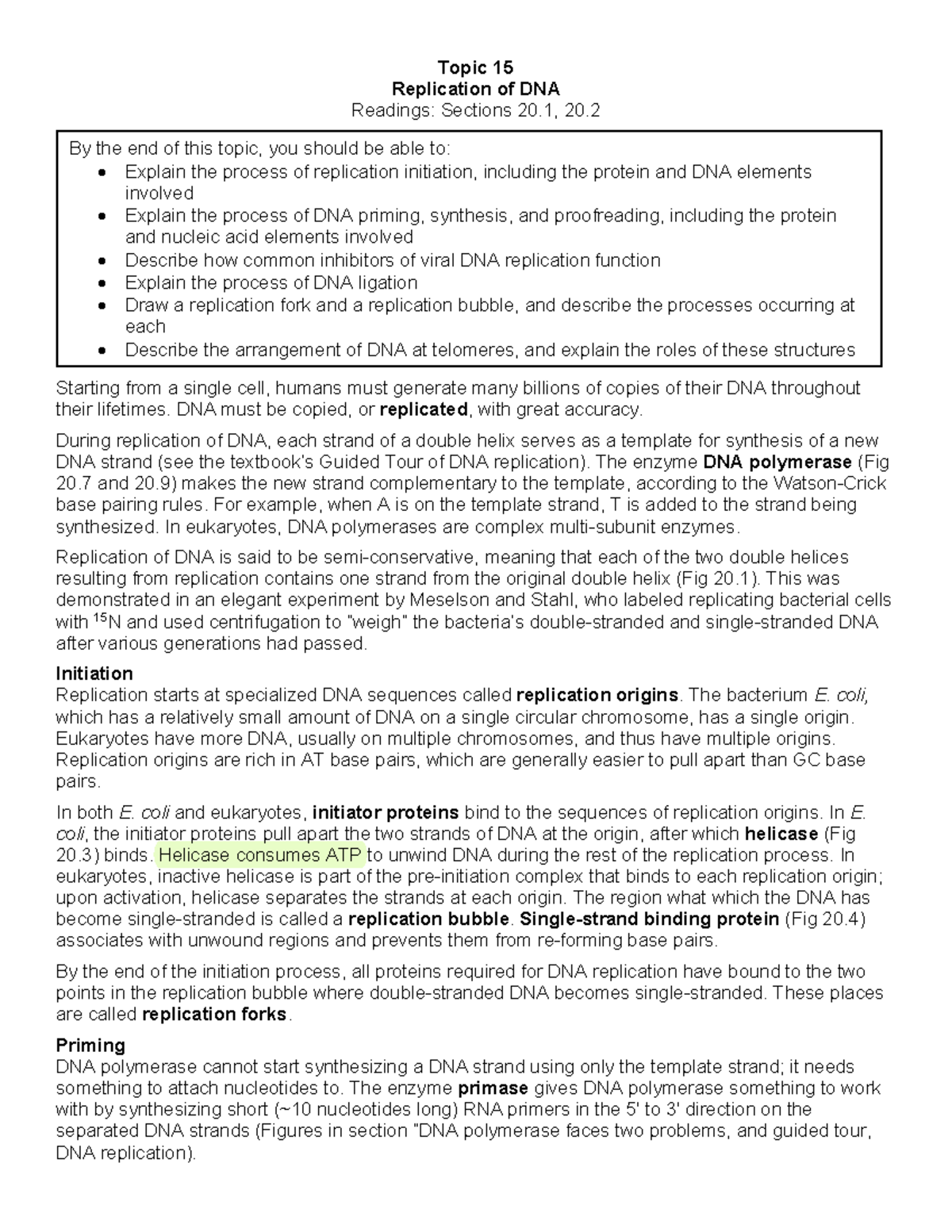 Topic 15 Lecture Notes - Topic 15 Replication of DNA Readings: Sections ...