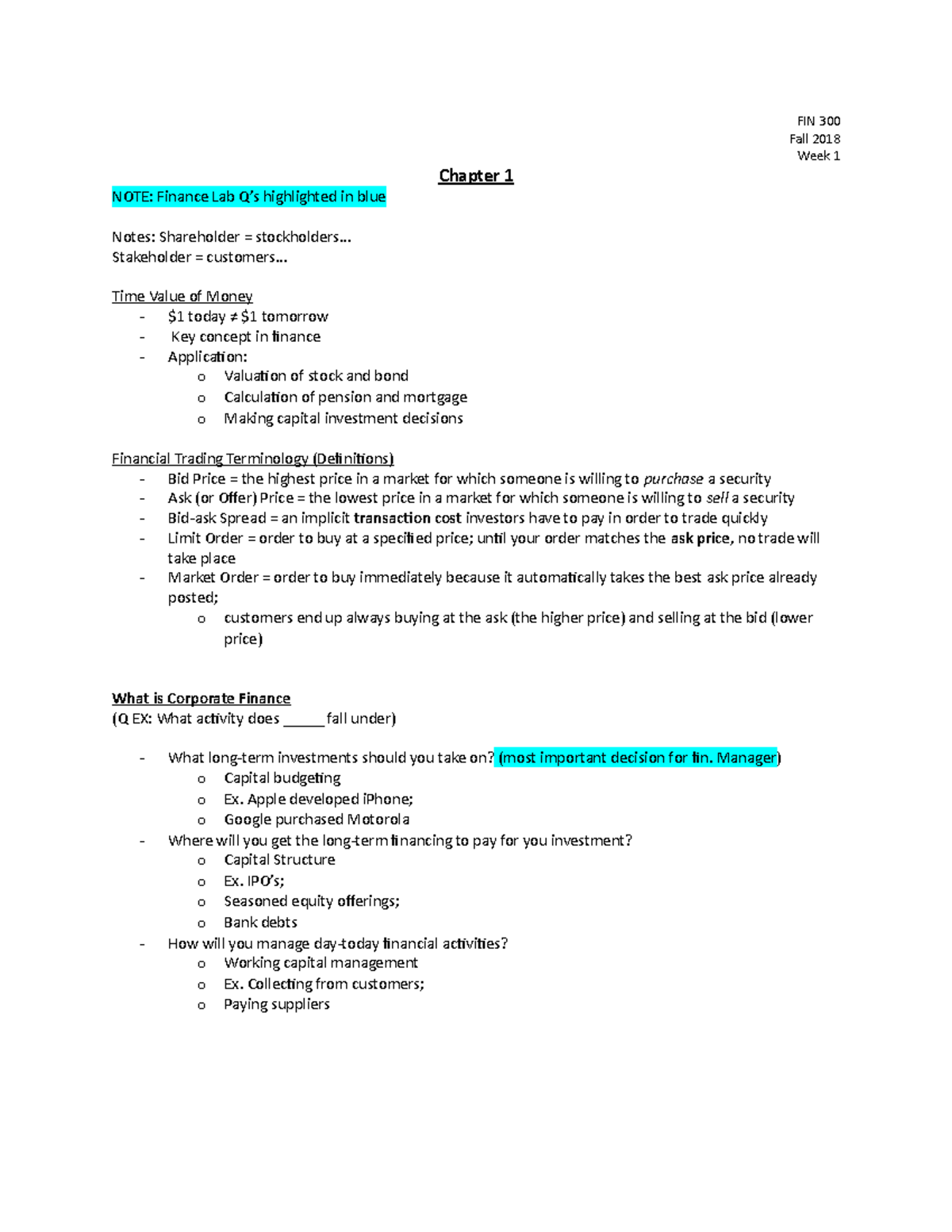 Fin 300 Chapter 1 Notes - FIN 300 Fall 2018 Week 1 Chapter 1 NOTE ...