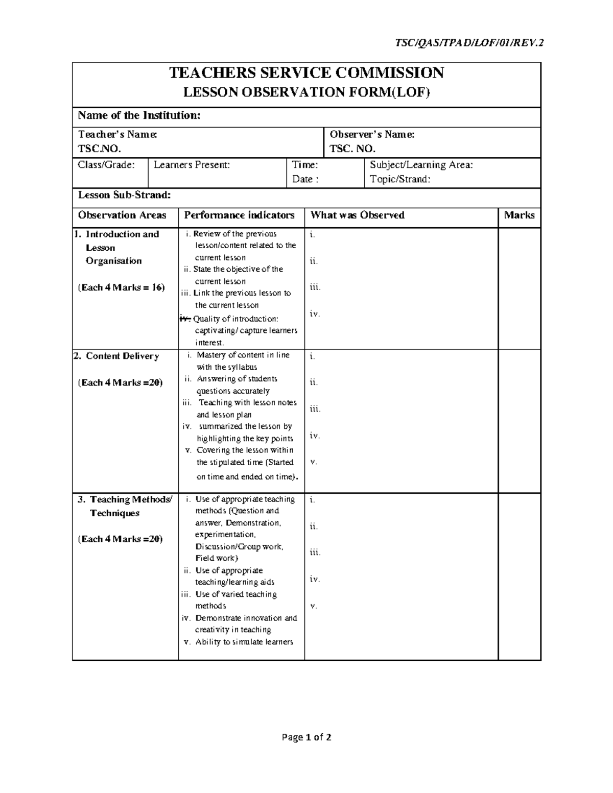 TPAD Lesson Observation Form LOF - TSC/QAS/TPAD/LOF/01/REV. Page 1 of 2 ...