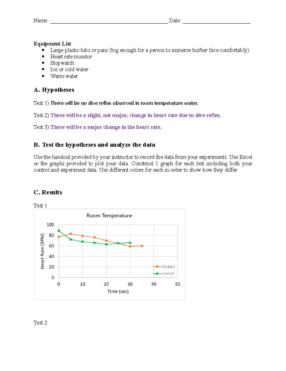 Lab 10 Diving Reflex in Mammals Worksheet (2020) Equipment List