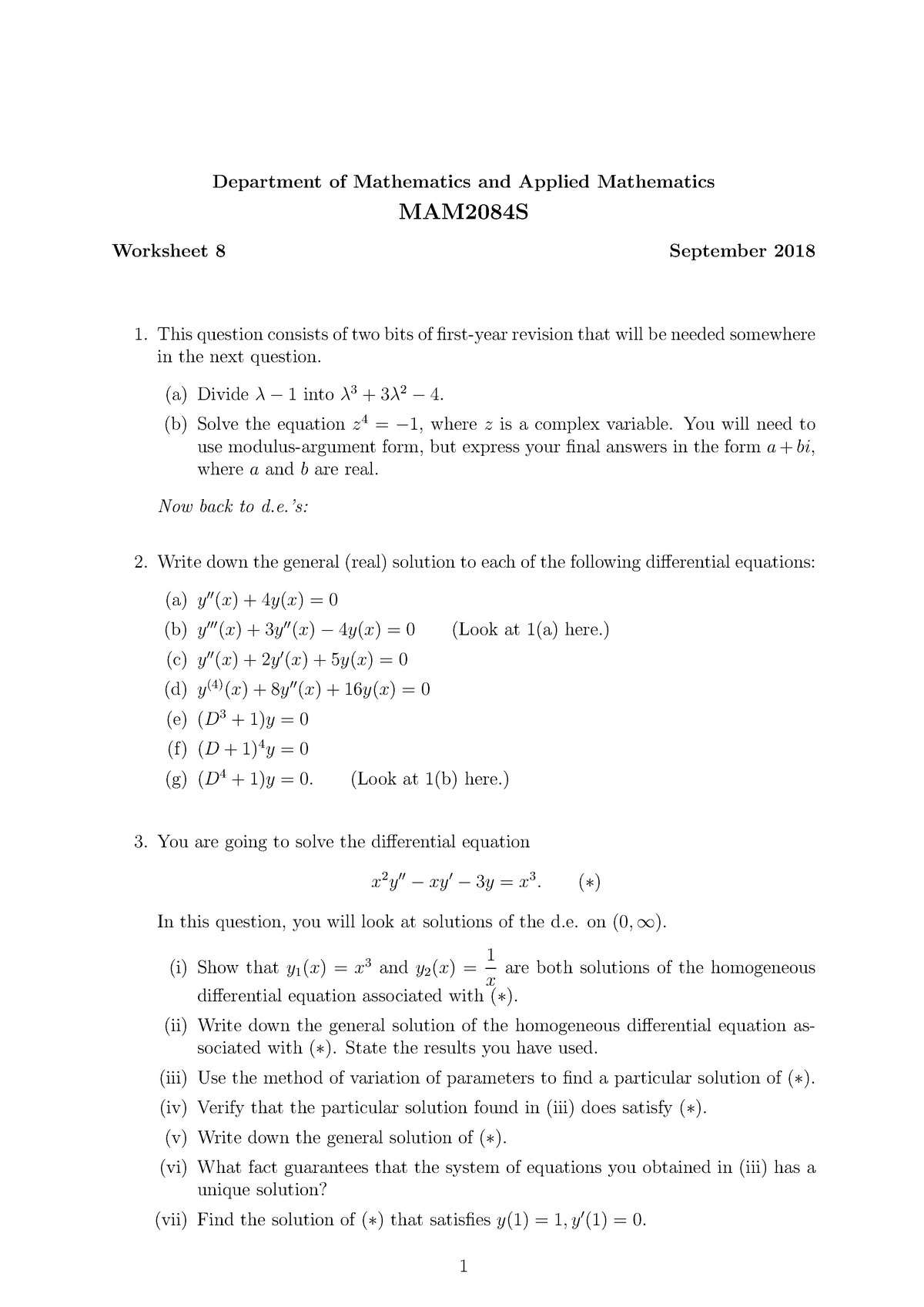 Tutorial 08 - Week 8 Questions Only - Department Of Mathematics And ...