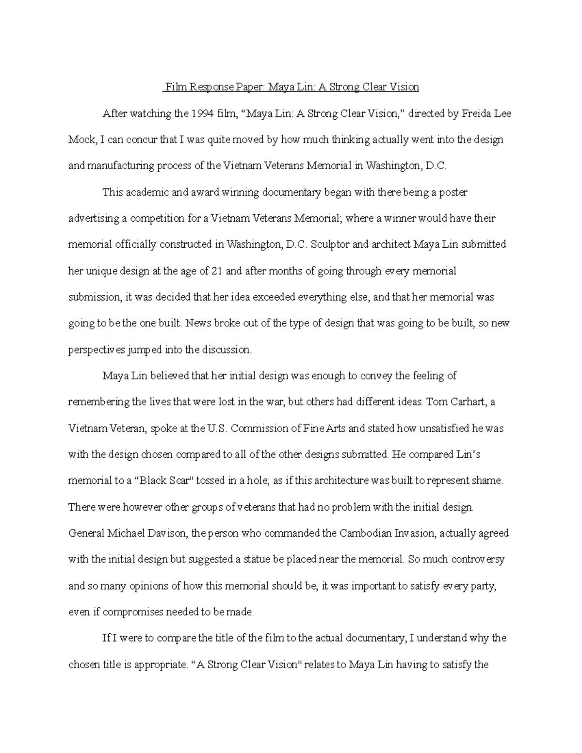 Film response paper - Film Response Paper: Maya Lin: A Strong Clear ...