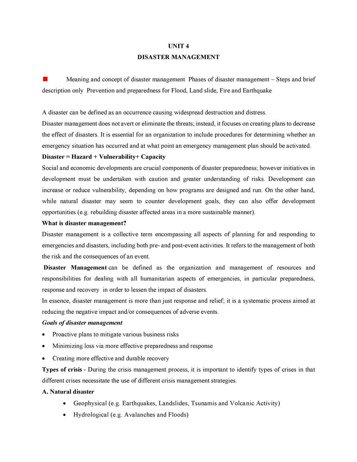 EDU 11 UNIT 4 Disaster Management - B Ed Physical Science - UoK - Studocu