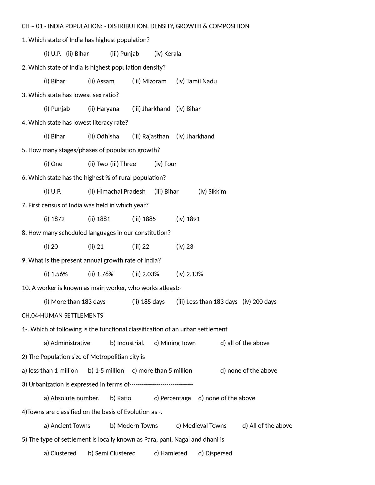 Part 2 Chapter Wise Revision - CH – 01 - INDIA POPULATION ...