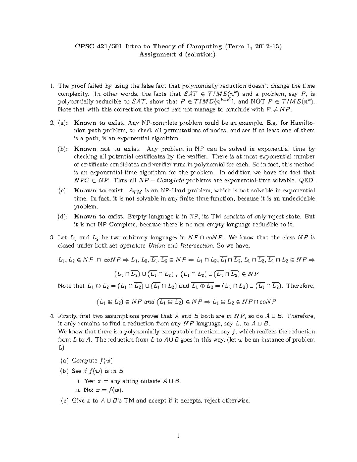 Assignment 4 Solutions Cpsc 421501 Intro To Theory Of Computing Term 1 2012 13 0013