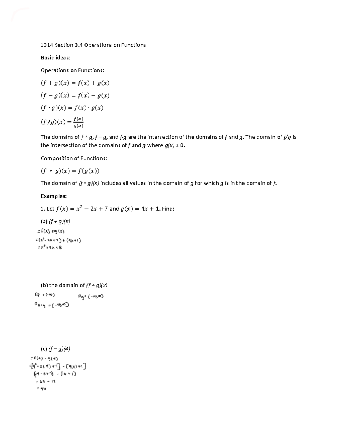 1314-3.4notes Operations on Functions - 1314 Section 3 Operations on ...