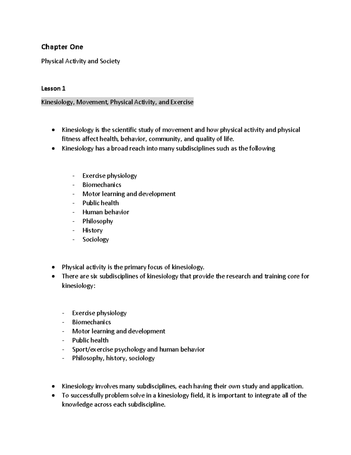 Exercise Science Module 1 Lesson 1 PT1 - Chapter One Physical Activity ...