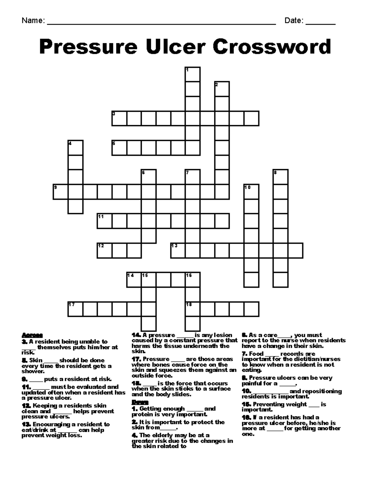 Pressure Ulcer Crossword 55f33 61633 de2-2 - Name: - Studocu