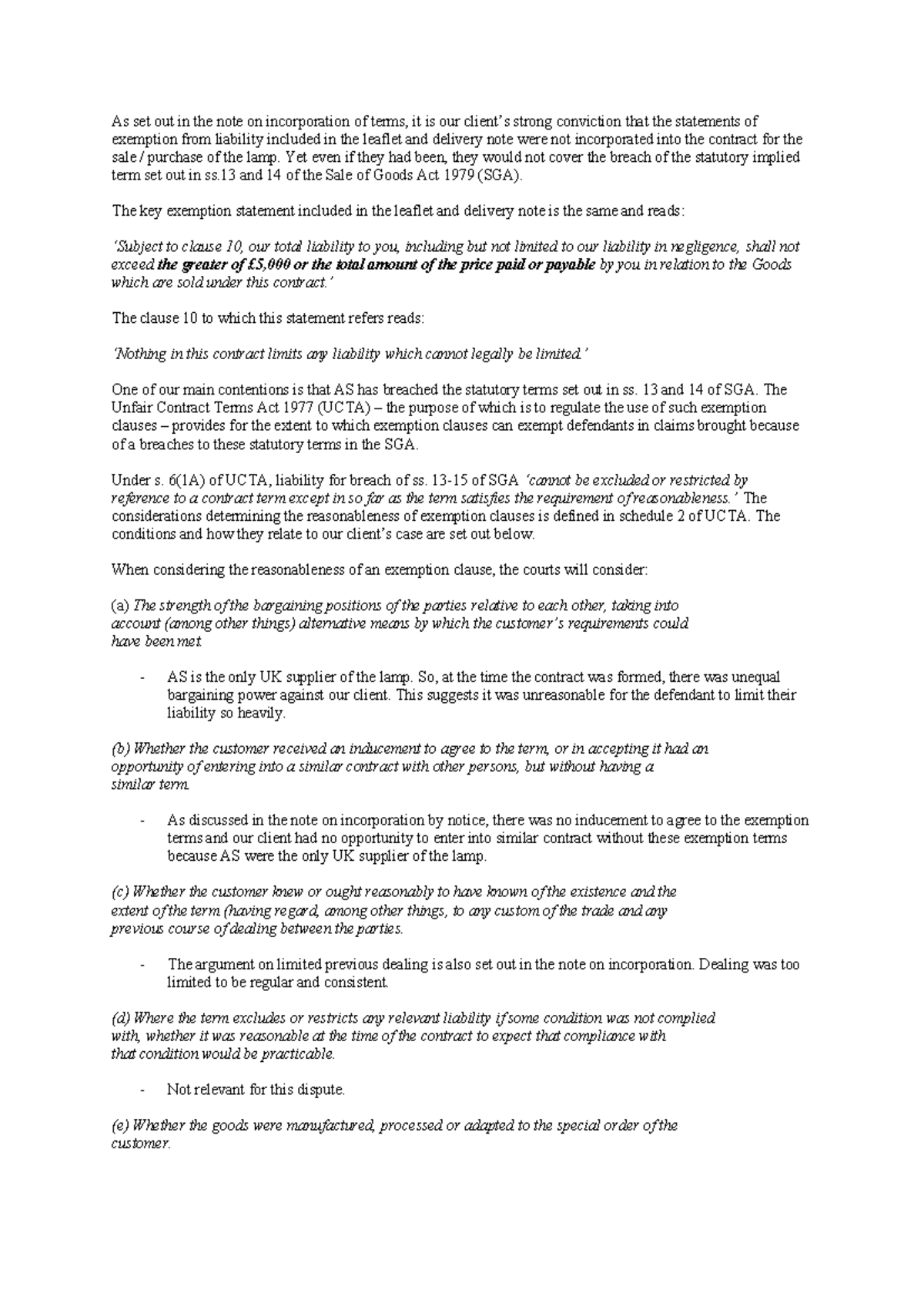 Exemption Clause Notes - As set out in the note on incorporation of ...