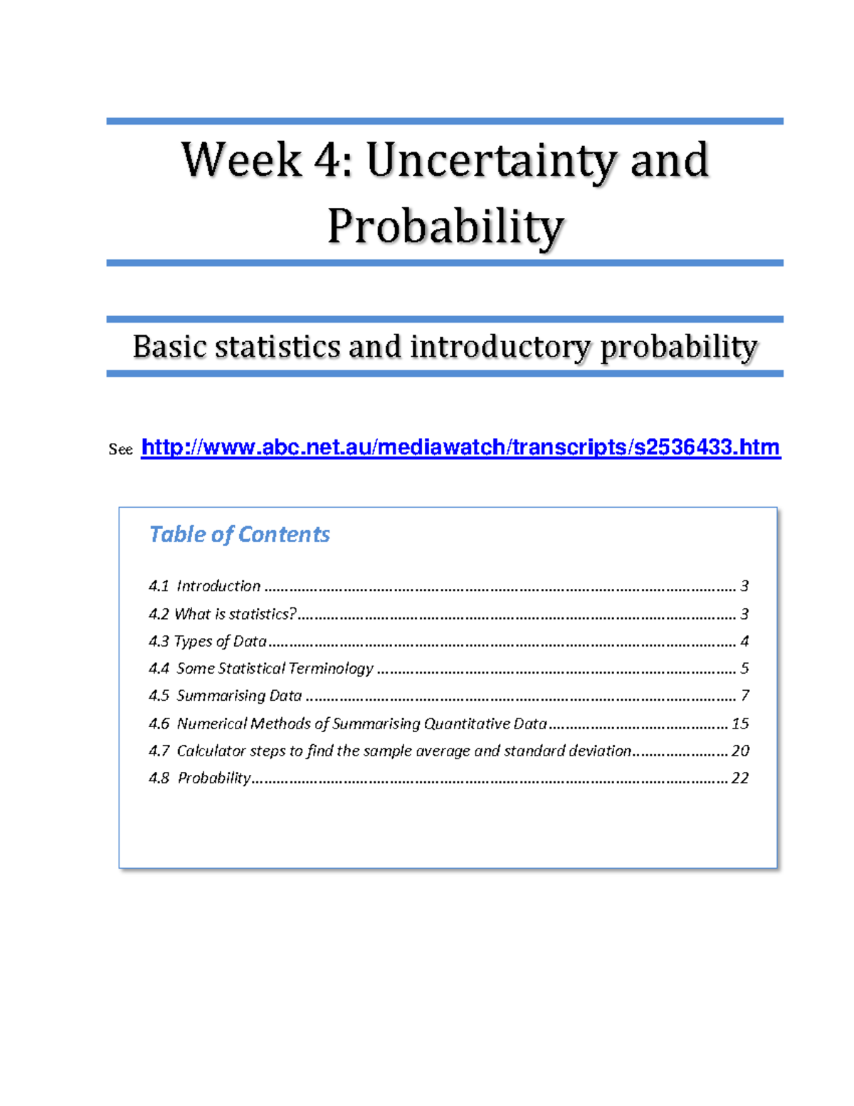 Lecture Notes Week 4 Uncertainty And Probablity - Week 4: Uncertainty And Probability Basic ...