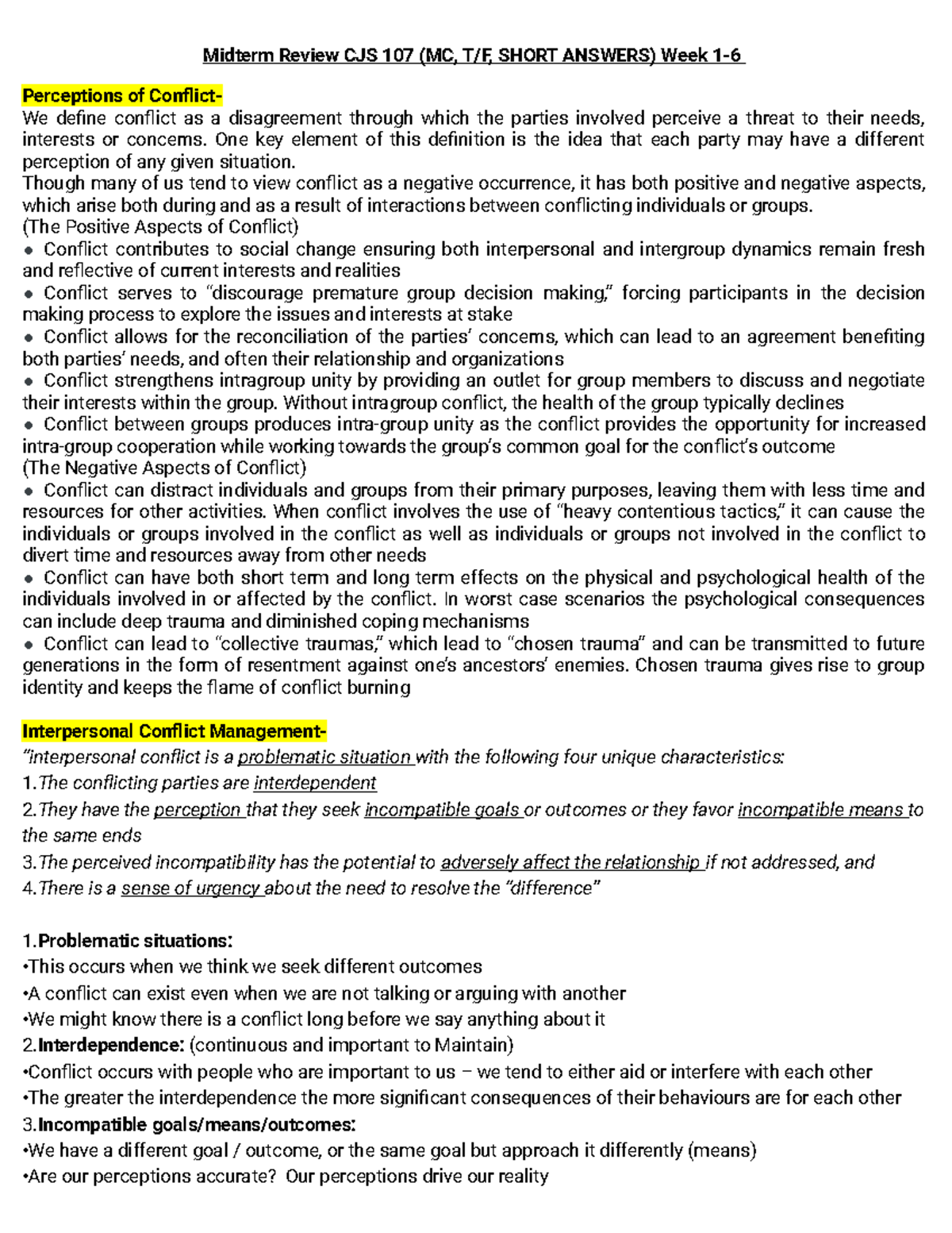 CJS 107 Midterm Review Chapter 1 6 Of Conflict Management