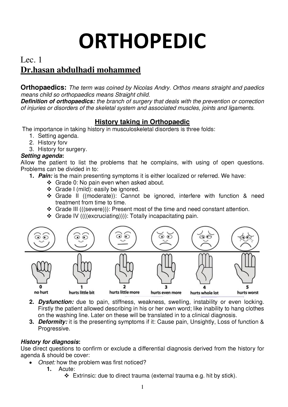 History Taking In Orthopaedic - ORTHOPEDIC Lec. 1 Dr Abdulhadi Mohammed ...