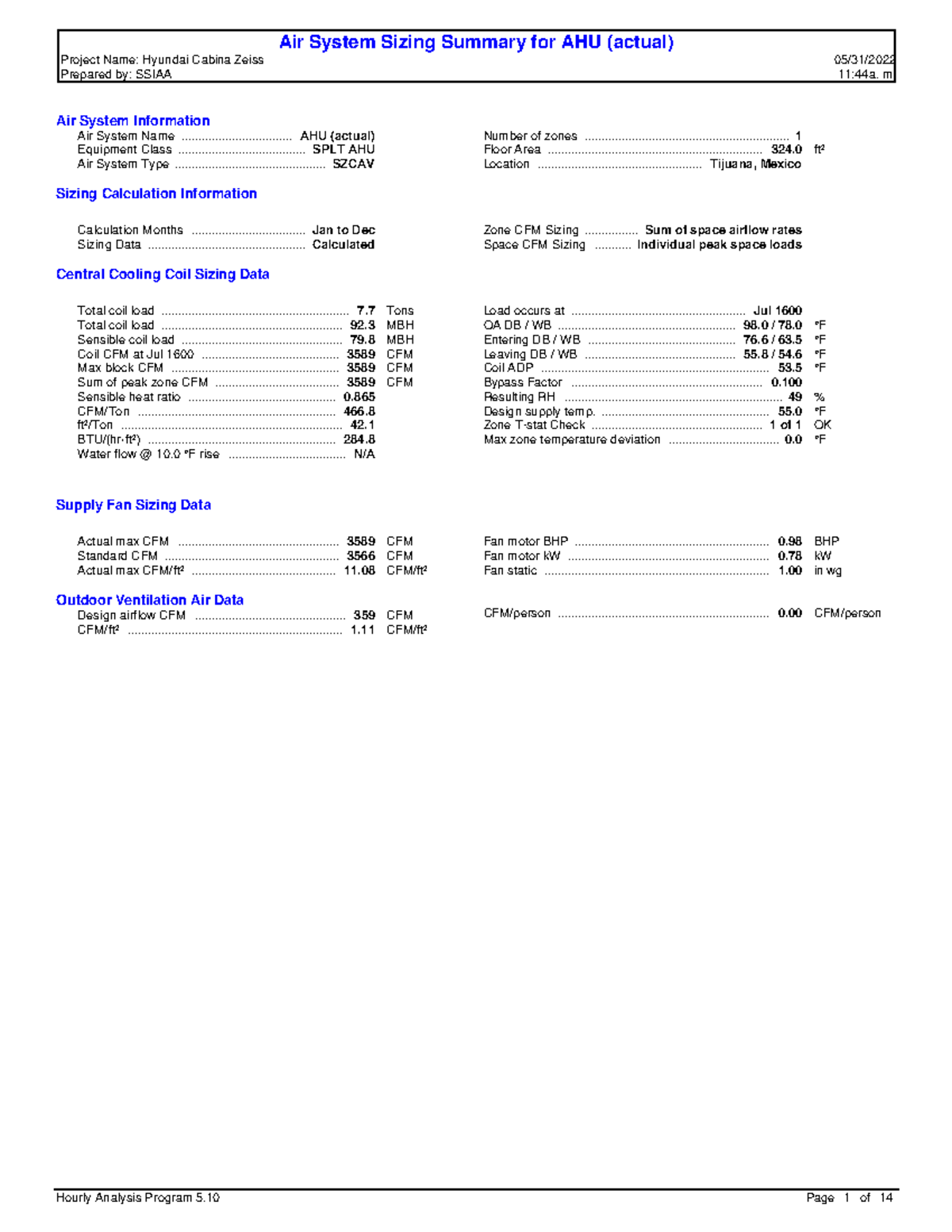 Prueba 1 - simulacion HAP - Air System Sizing Summary for AHU (actual ...