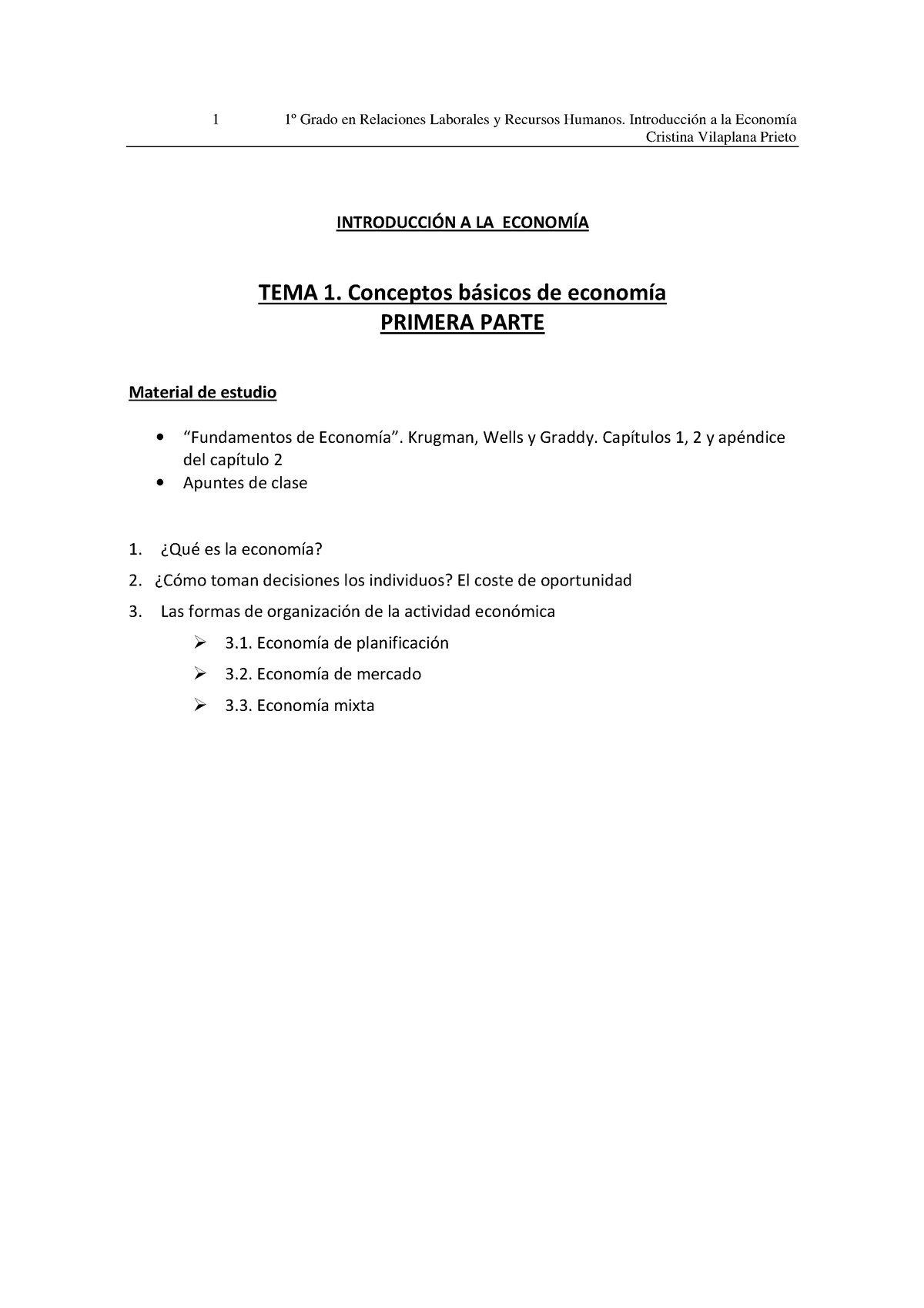 Introducción A La Economía T 1 Cristina Vilaplana Prieto IntroducciÓn A La EconomÍa Tema 1 2852