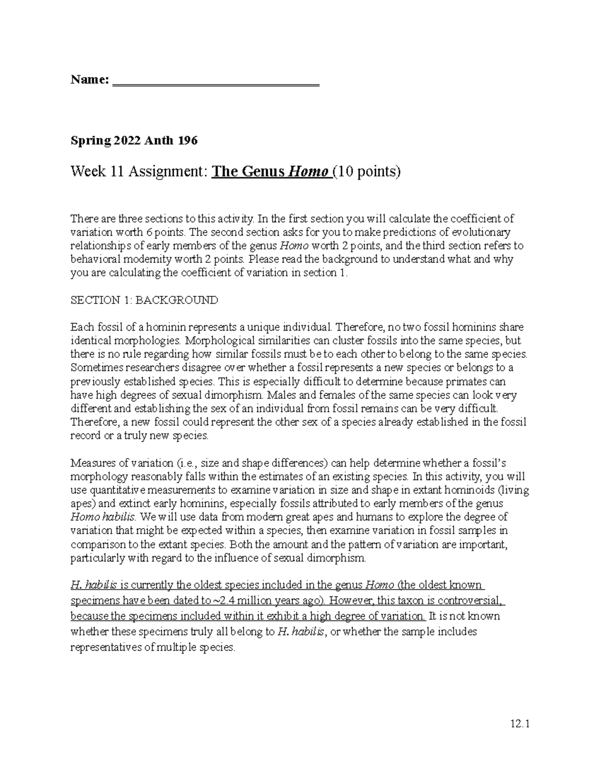 Week 11 Activity Genus Homo Name
