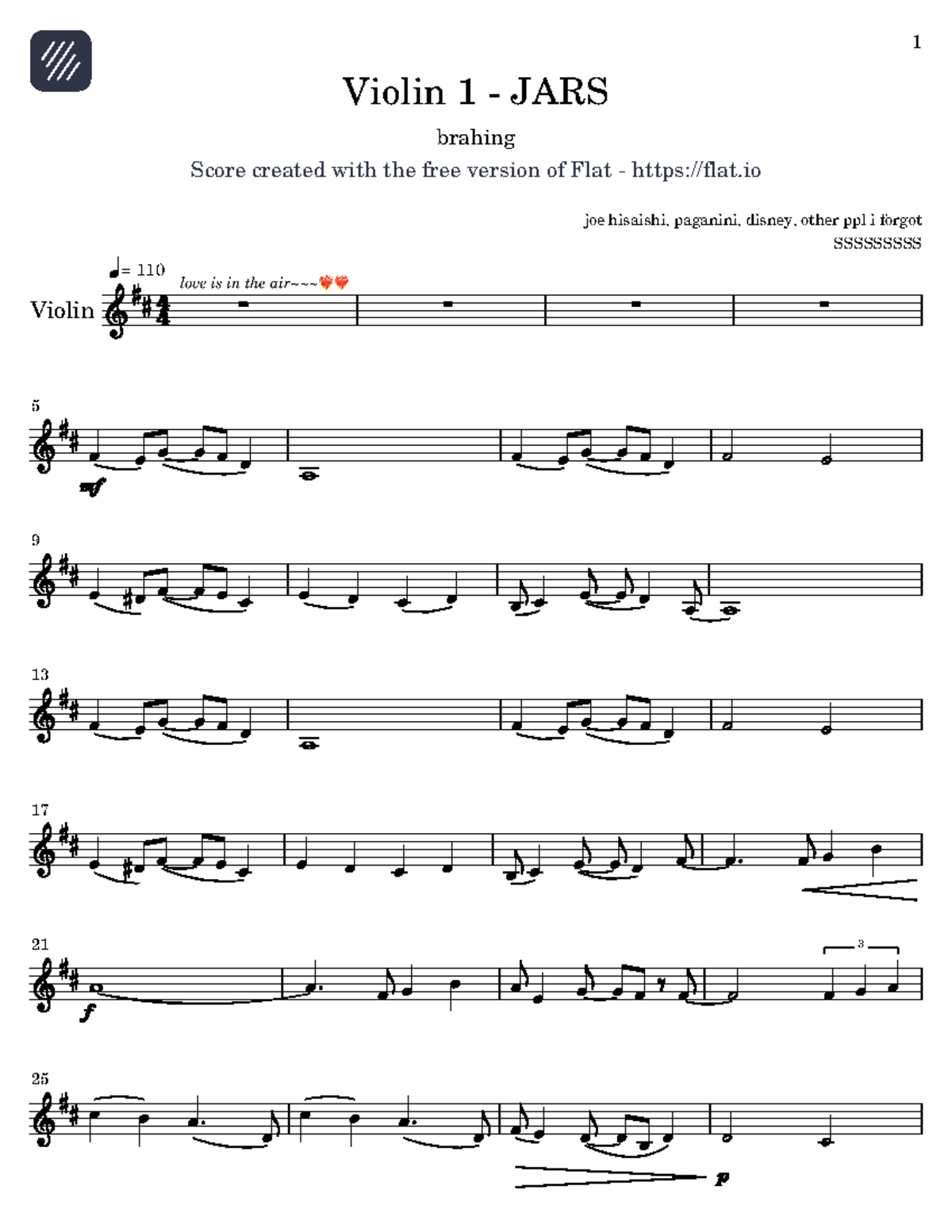 Violin 1 - JARS - Bbbnnjjjjjj - Violin = 110 5 9 13 17 21 3 1 Violin 1 ...