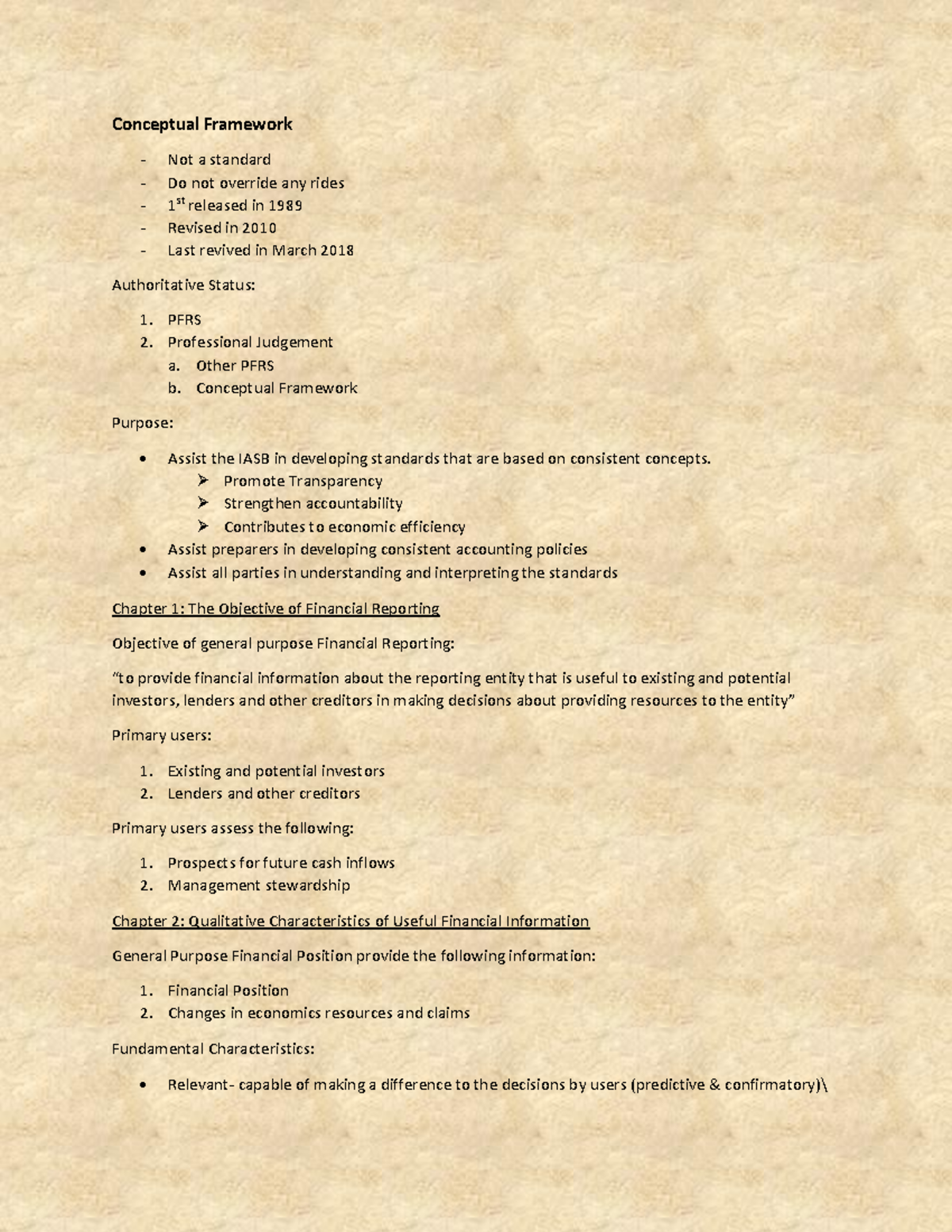 Summary Notes Unit I - Conceptual Framework Not a standard Do not ...