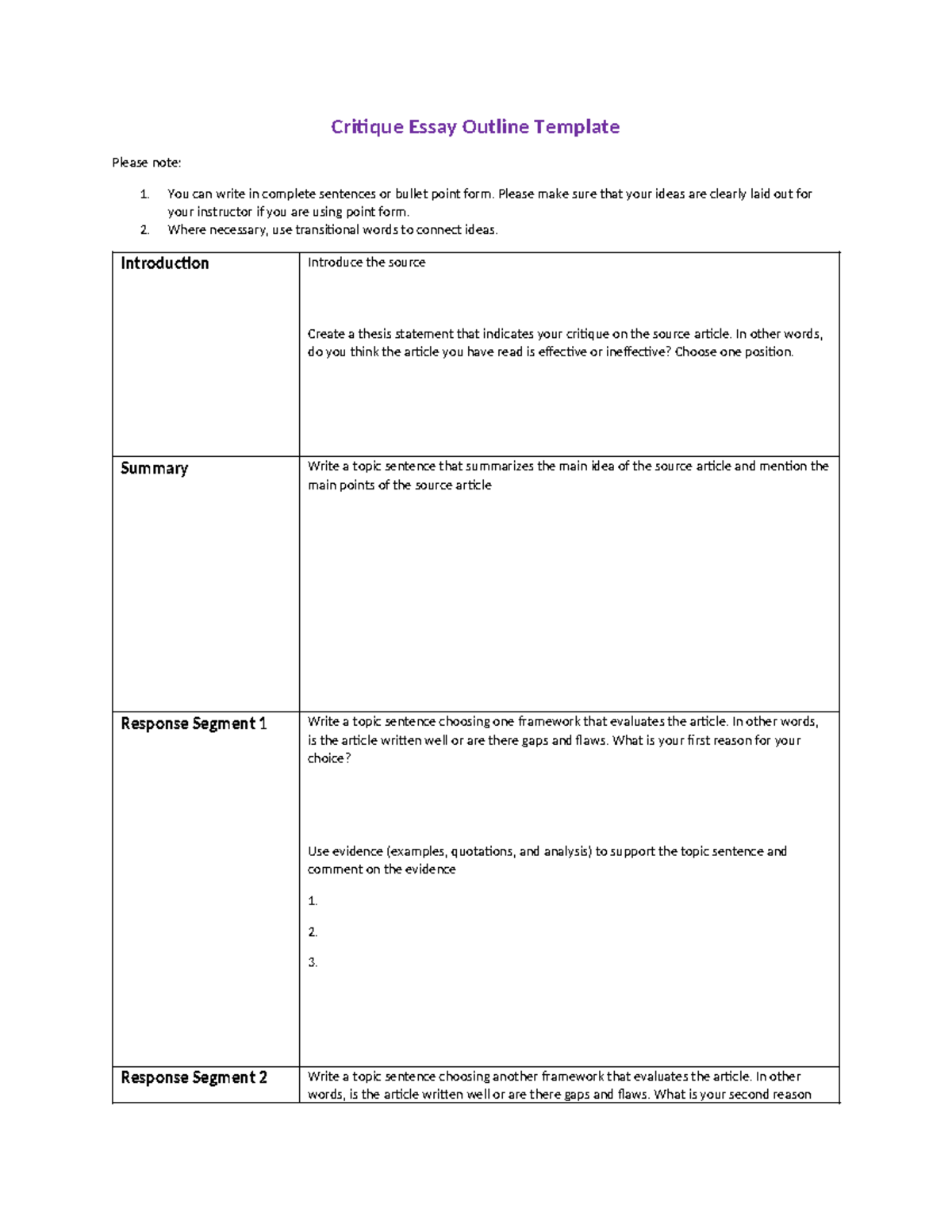 Critique Essay Outline Template Critique Essay Outline Template