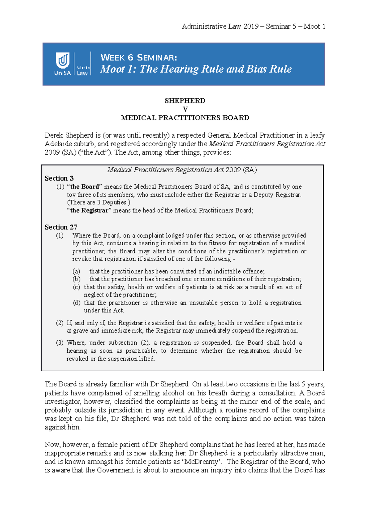 Seminar 5 Moot 1 The Hearing Rule and Bias Rule Administrative