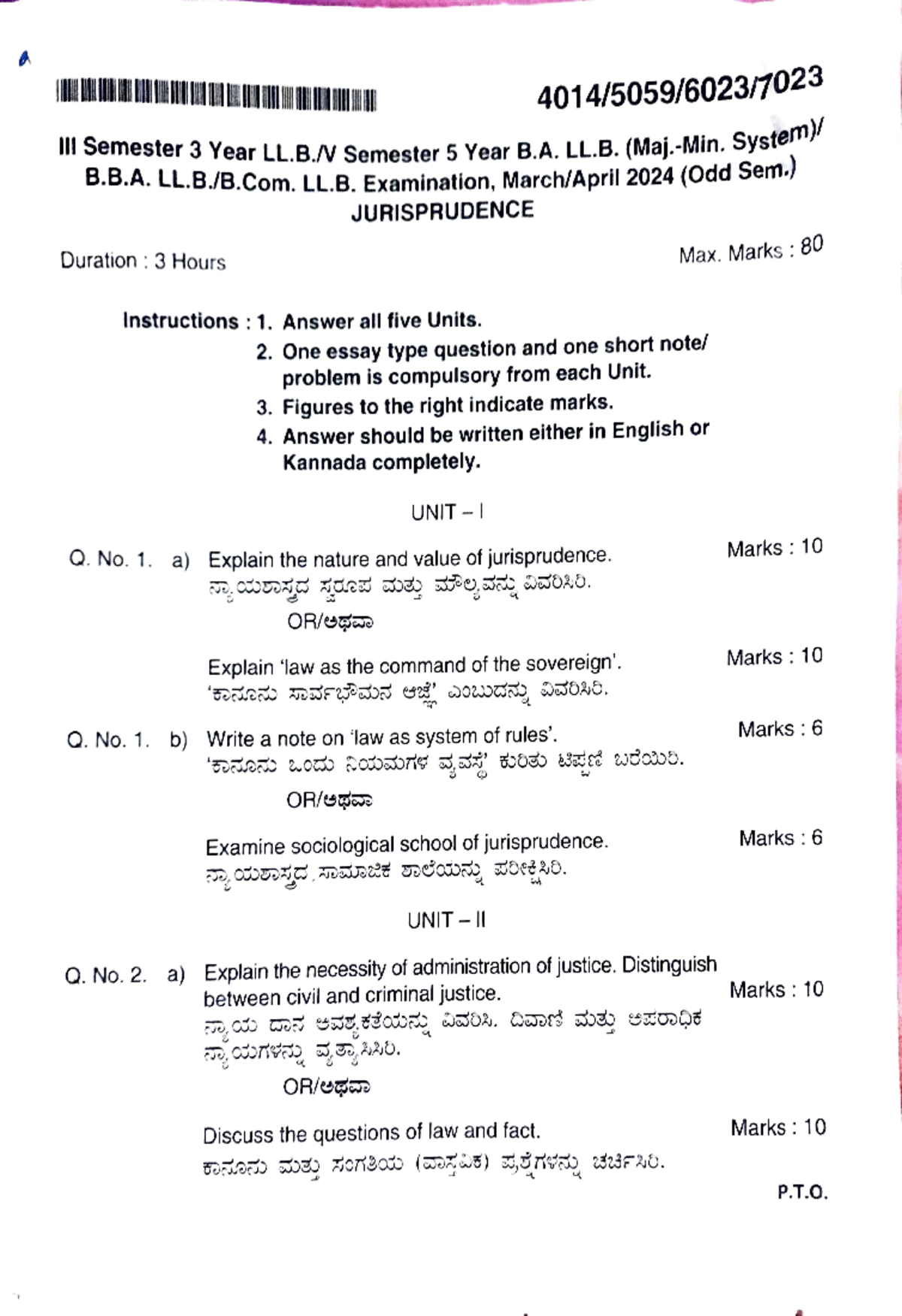 Jurisprudence KSLU 2024 March Question Paper - 1|| Semester 3 Year LL ...