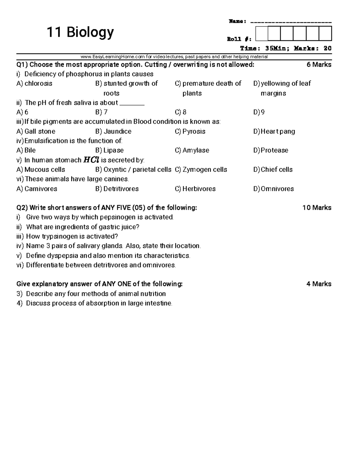 Biology chapter 12 - Paper - 6 Marks 10 Marks 4 Marks 11 Biology Name