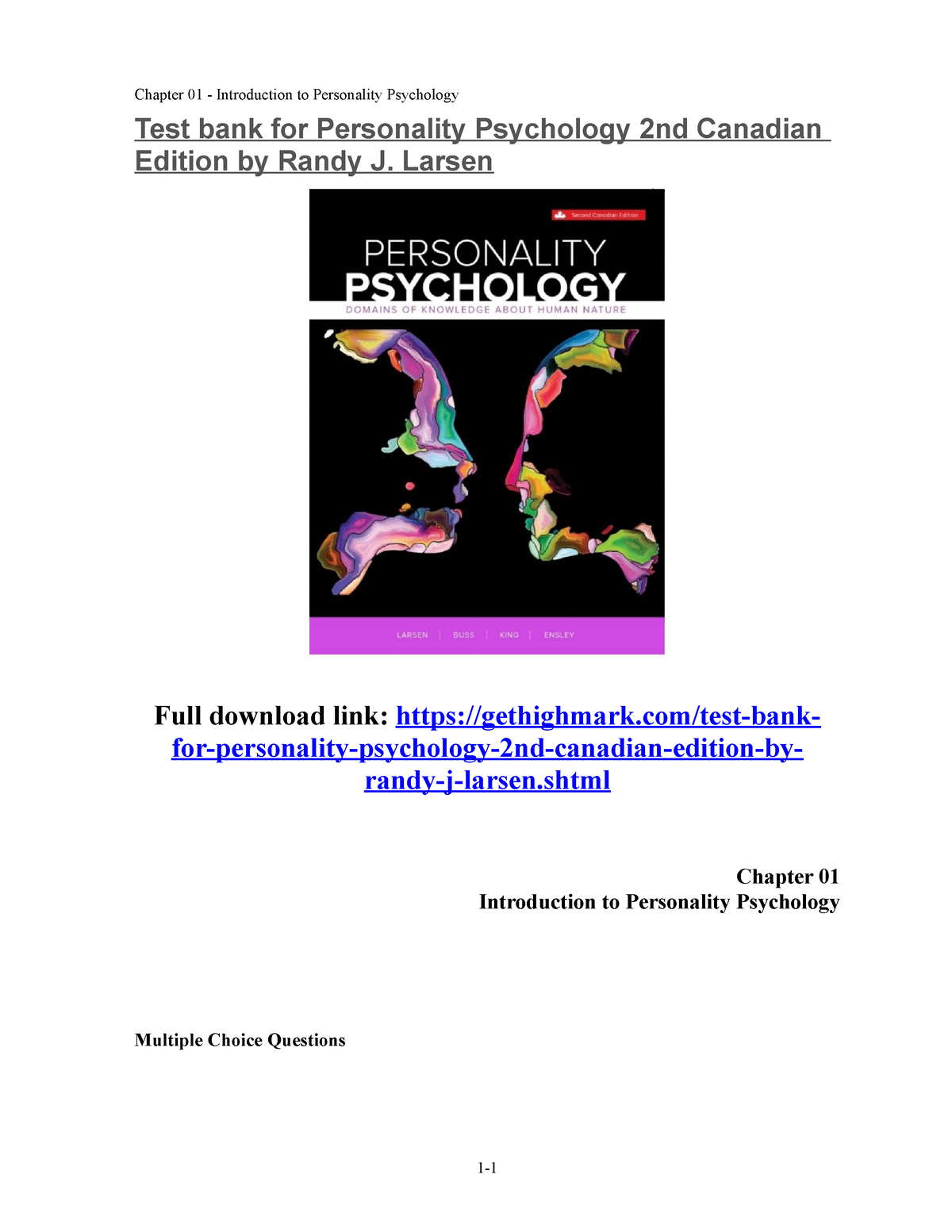 Chap001 - Test Bank for Personality Psychology 2nd Canadian Edition by ...