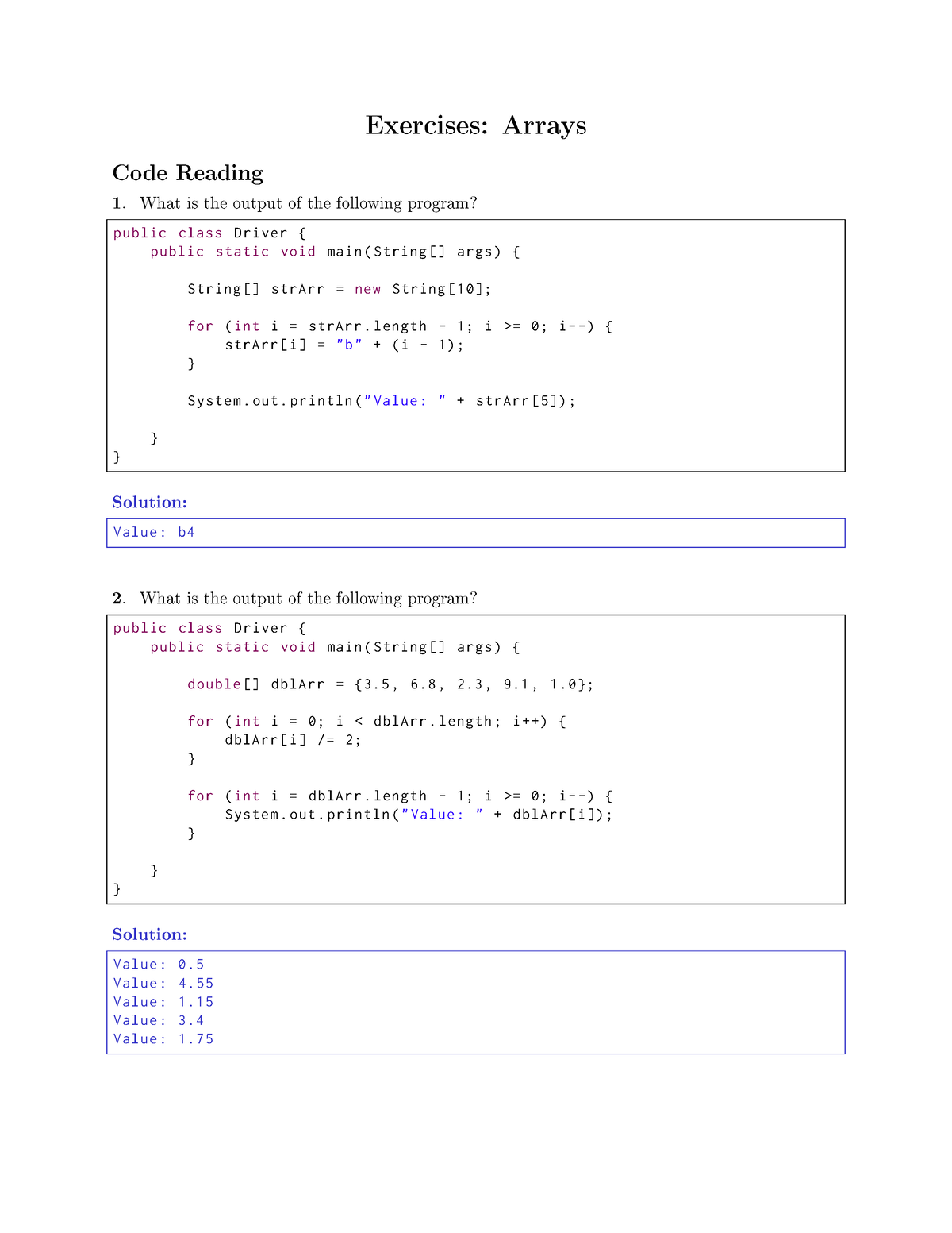 Array Exercise Solution - Exercises: Arrays Co DeReading ...