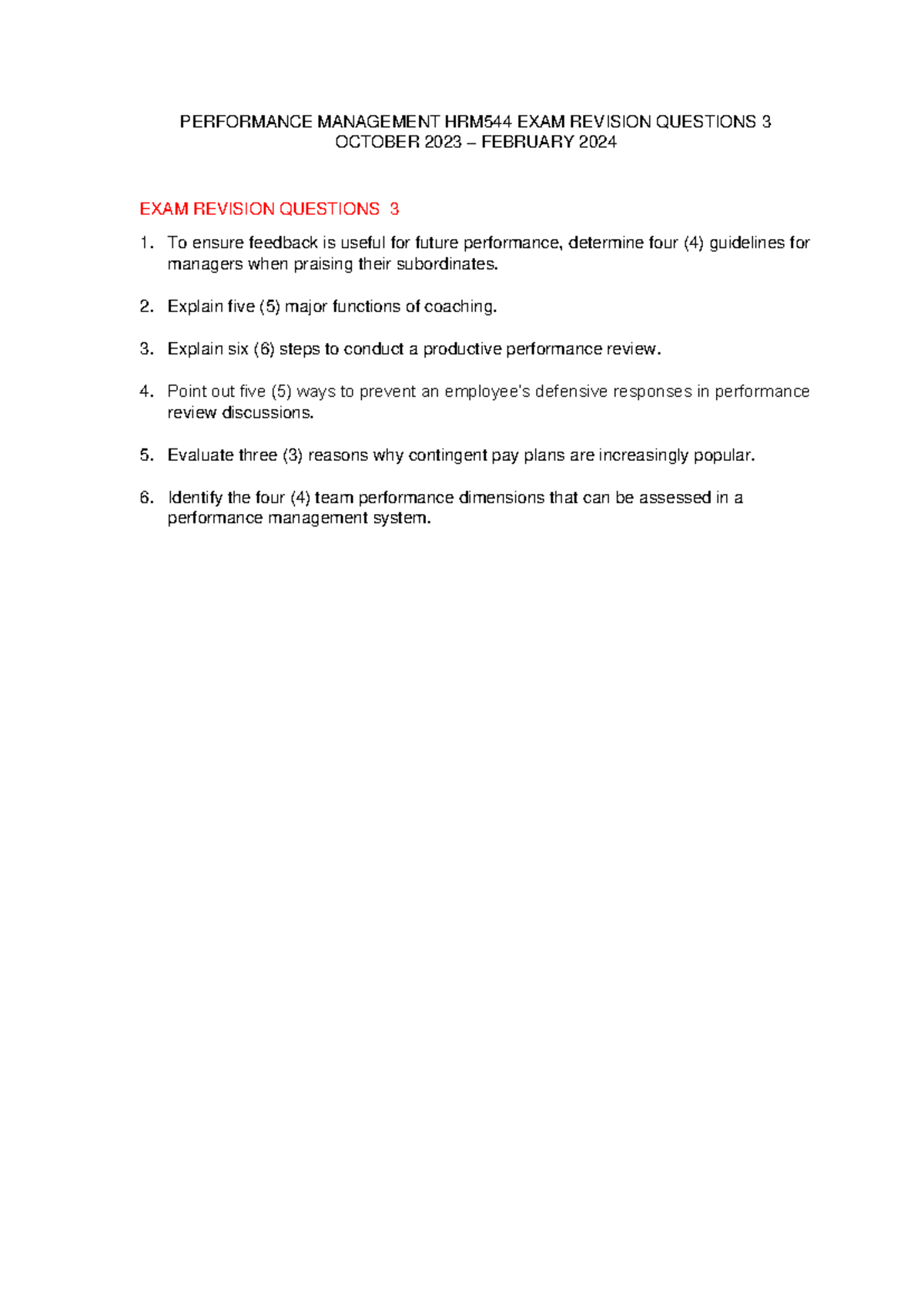 HRM544 EXAM Revision Questions 3 FEB2024 - PERFORMANCE MANAGEMENT ...
