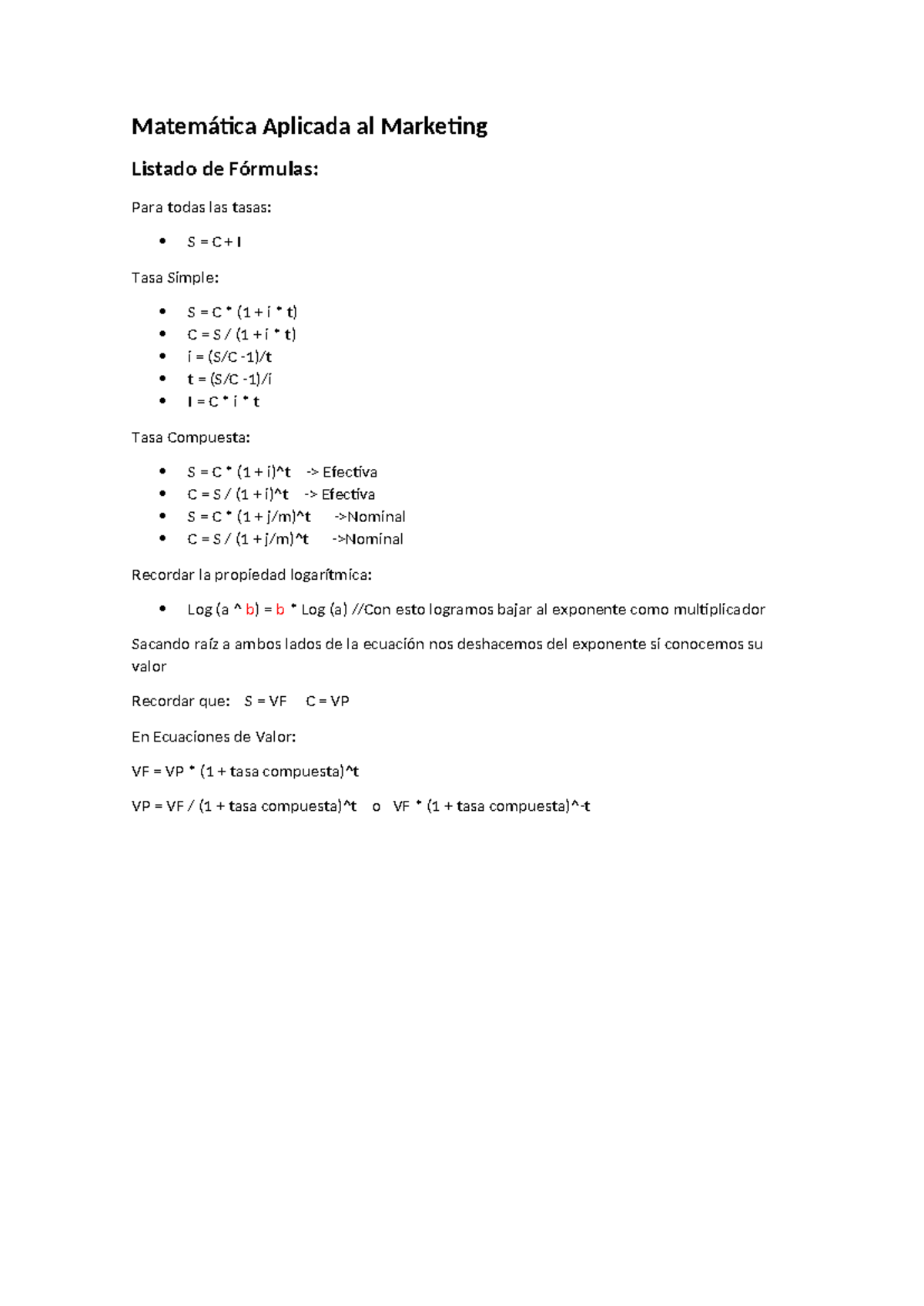 Listado de fórmulas - Matemática Aplicada al Marketing Listado de ...