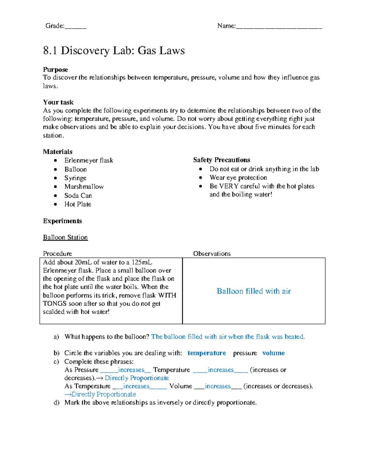 Key - 221.21 Gas Law Lab - Gas Lab key for chapter 221 information - 221 Regarding Gas Variables Worksheet Answers