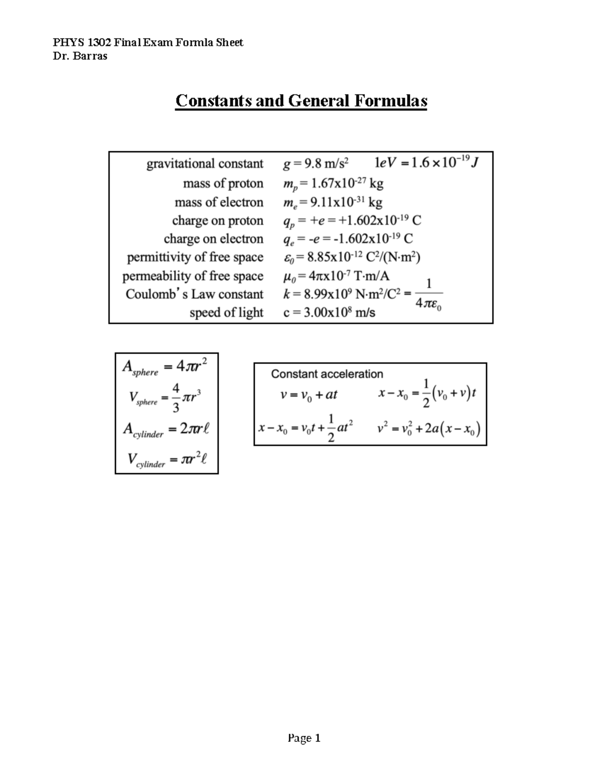 PHYS 1302 Final Exam Formula Sheet TO Print - Dr. Barras Constants And ...