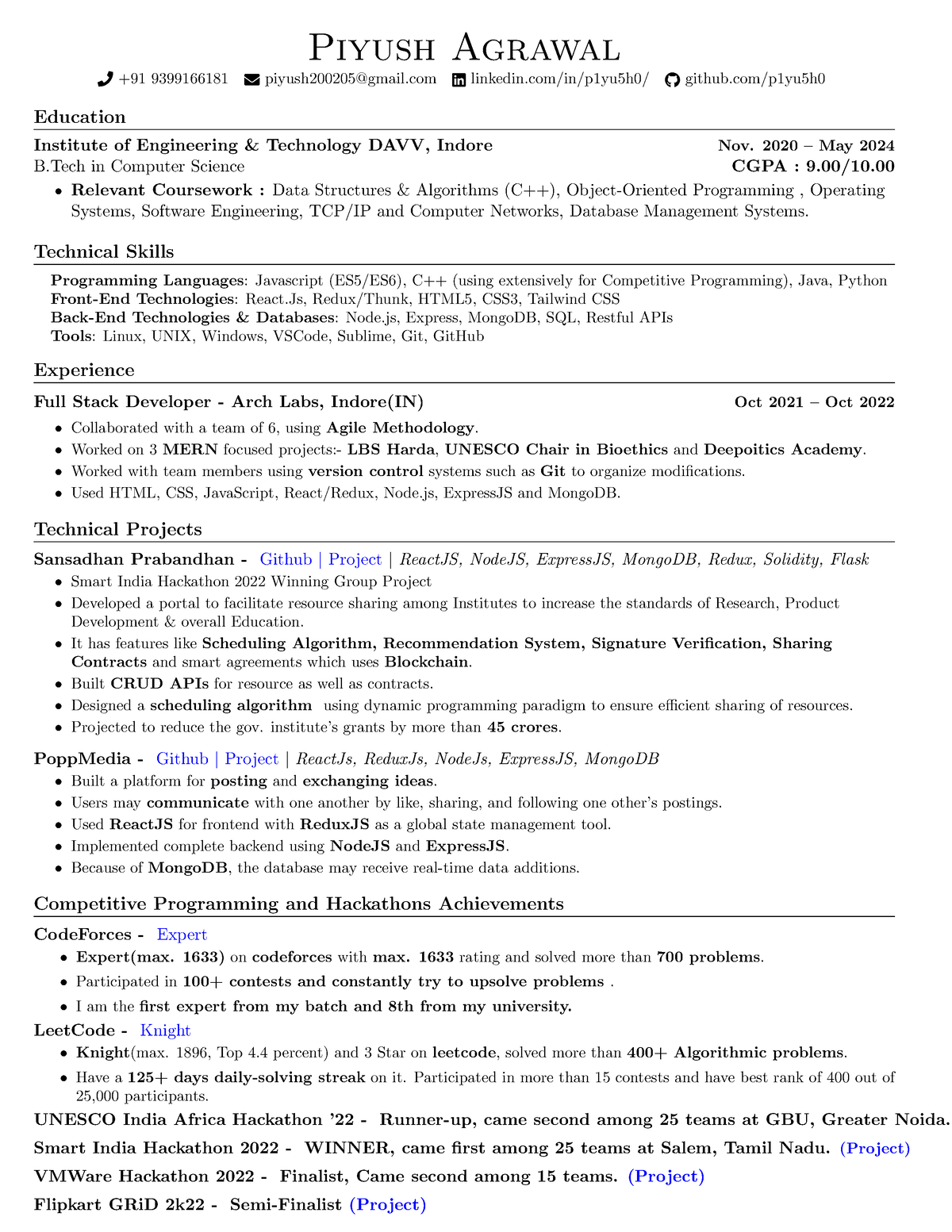 Resume of MERN Developer - Piyush Agrawal +91 9399166181 # piyush200205 ...