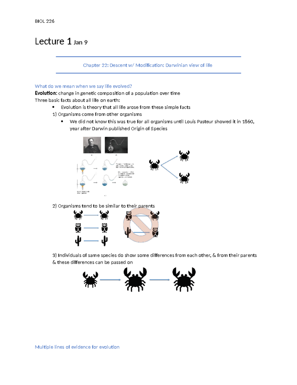 BIOL 226 Notes for Midterm 1 - Lecture 1 Jan 9 Chapter 22: Descent w ...