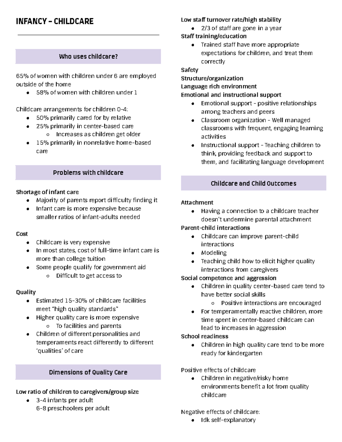 CLDP 3310 Notes 9 - Childcare - INFANCY - CHILDCARE Who uses childcare ...