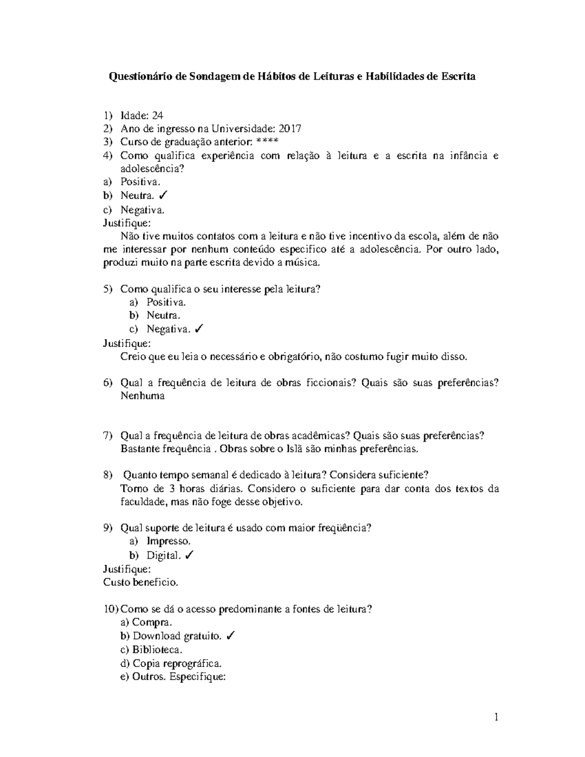 Respostas do questionário de sondagem de conhecimento prévio.