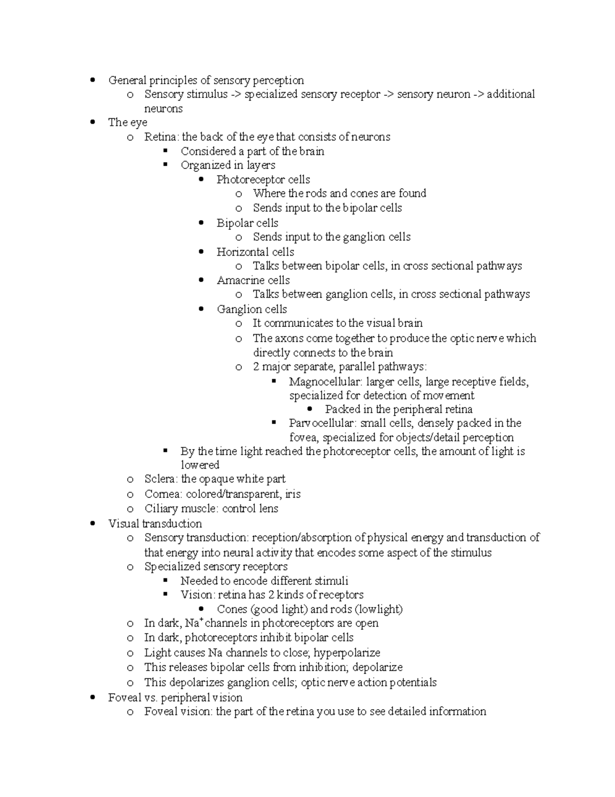 Vision - Lecture notes 10 - General principles of sensory perception o ...