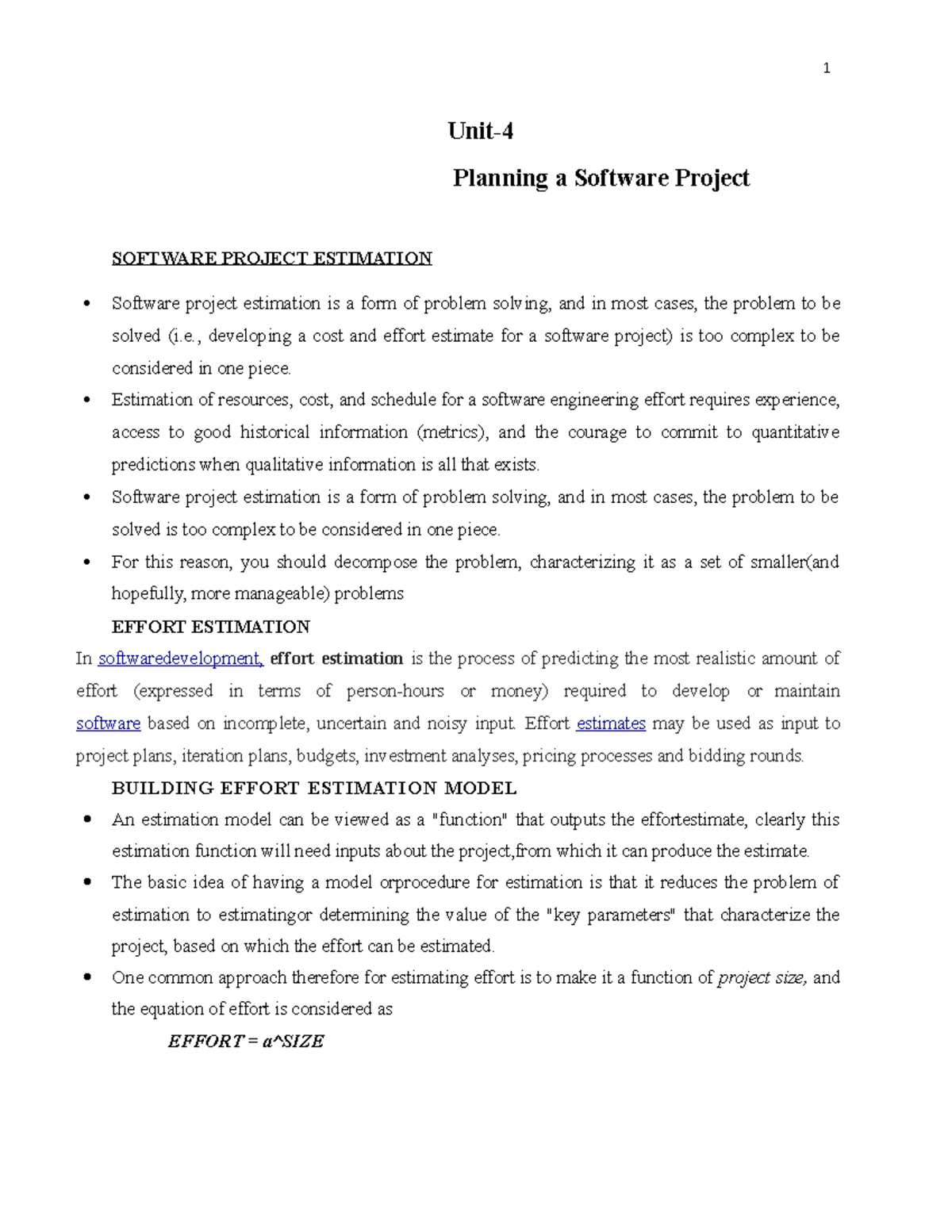 Unit4 - sbkjdh - 1 Unit- Planning a Software Project SOFTWARE PROJECT ...
