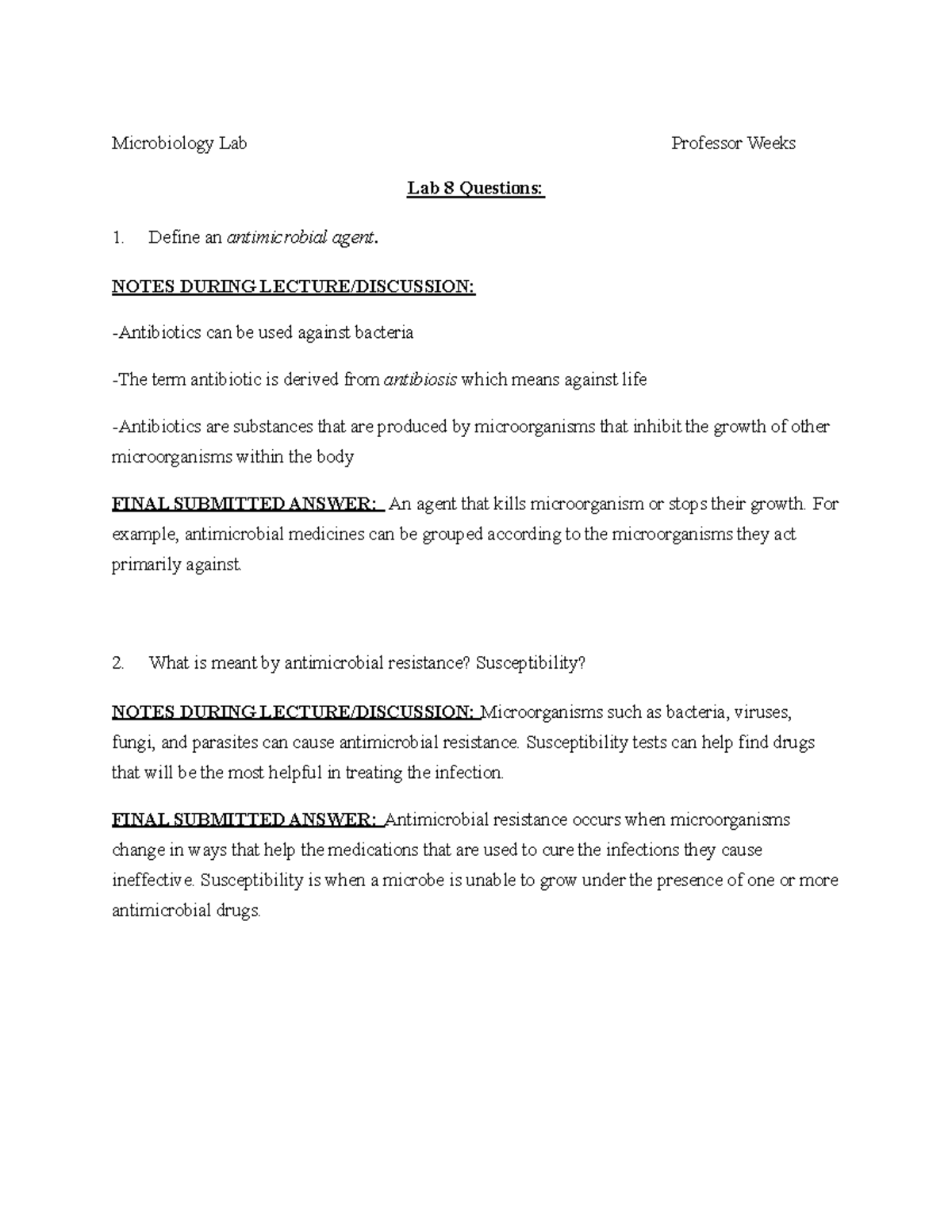 Micro lab 8, 11 and 12 lab 8, 11 and 12 Microbiology Lab Professor