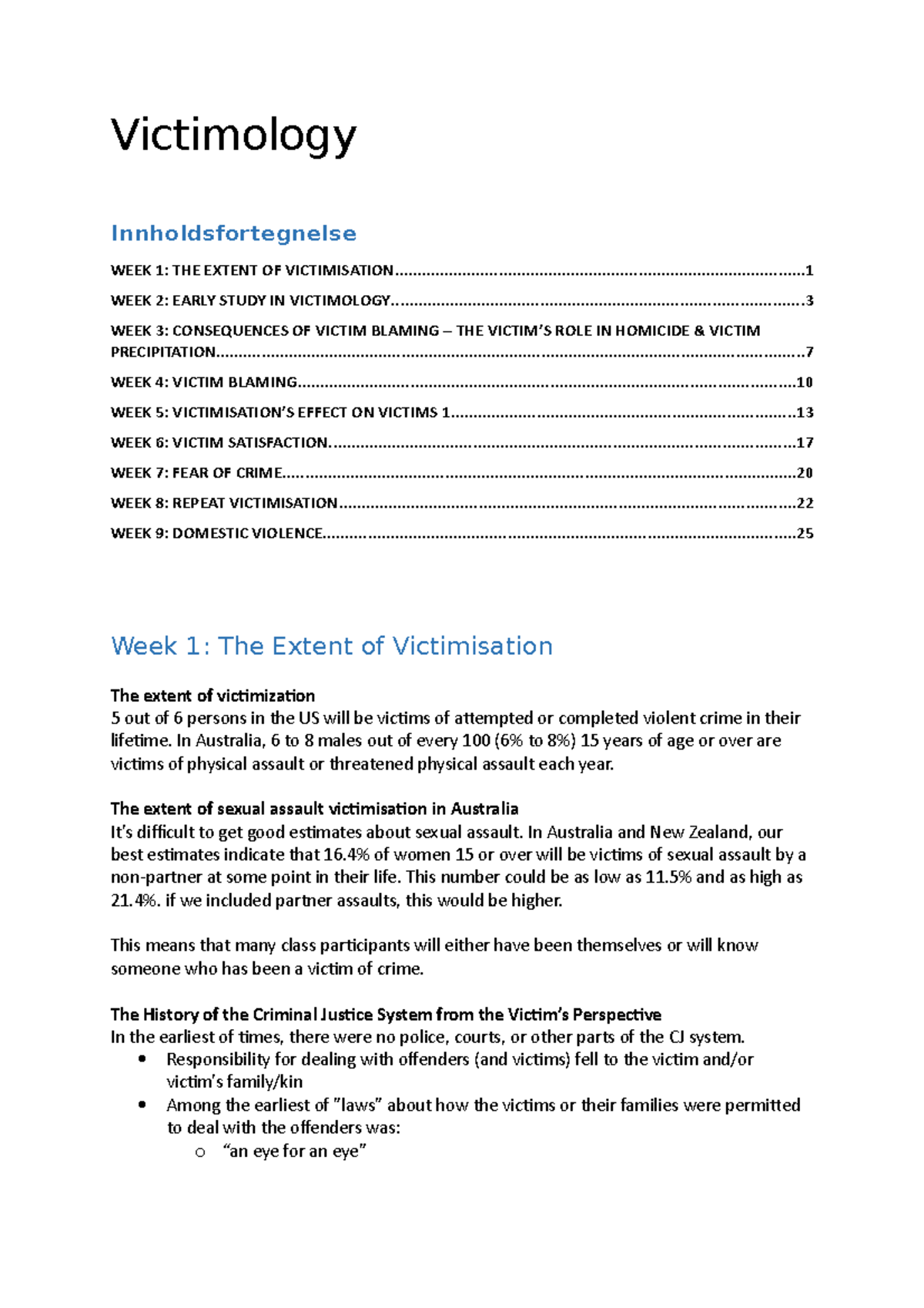 Victimology - Lecture notes 1-12 - Victimology Innholdsfortegnelse WEEK ...