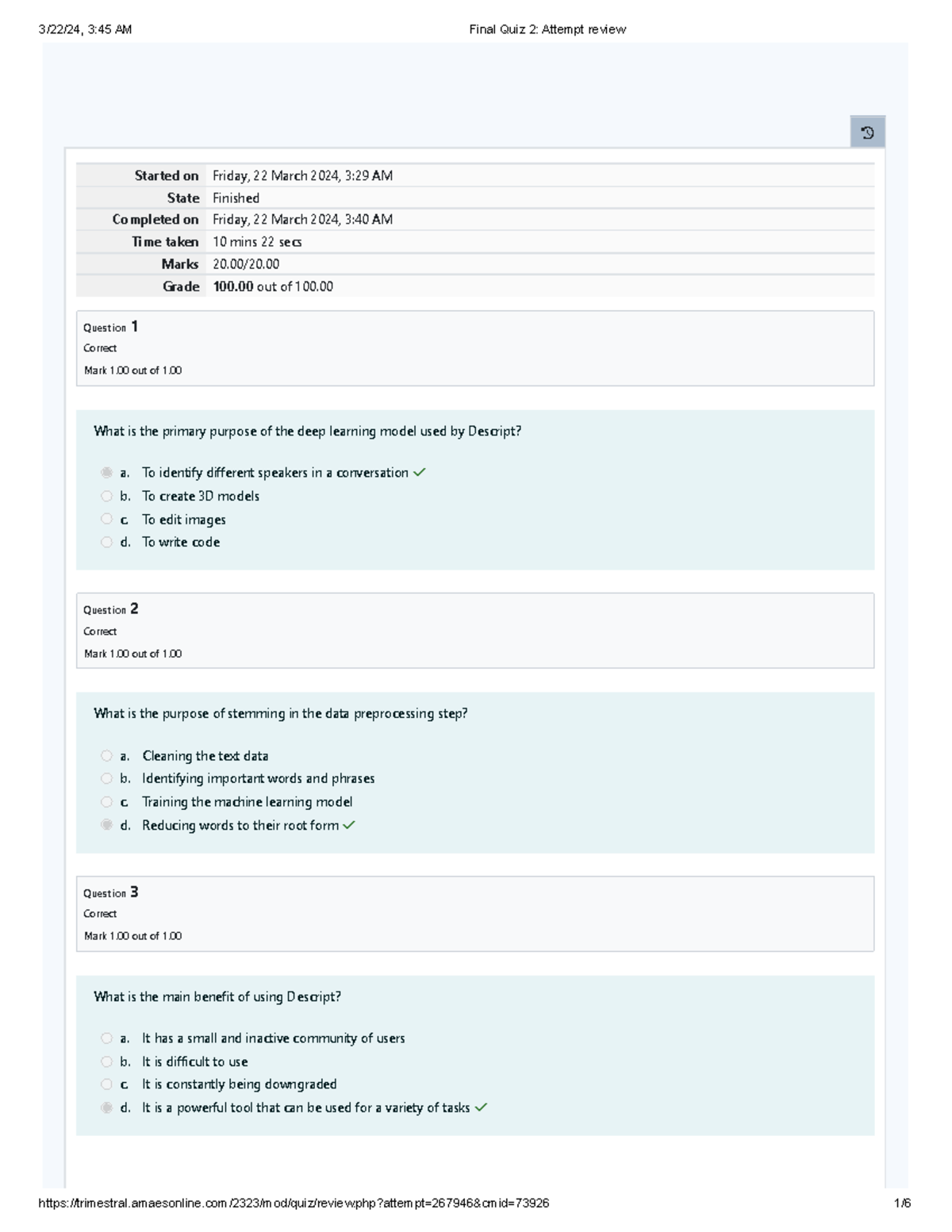 Final Quiz 2 Attempt review (20) - Started on Friday, 22 March 2024, 3: ...