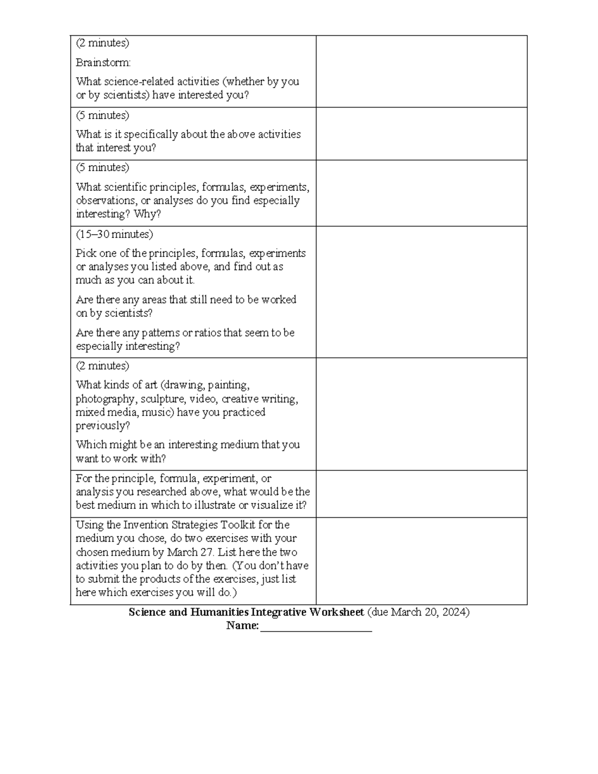 Integrative Worksheet (due 2024-03-20) - (2 minutes) Brainstorm: What ...