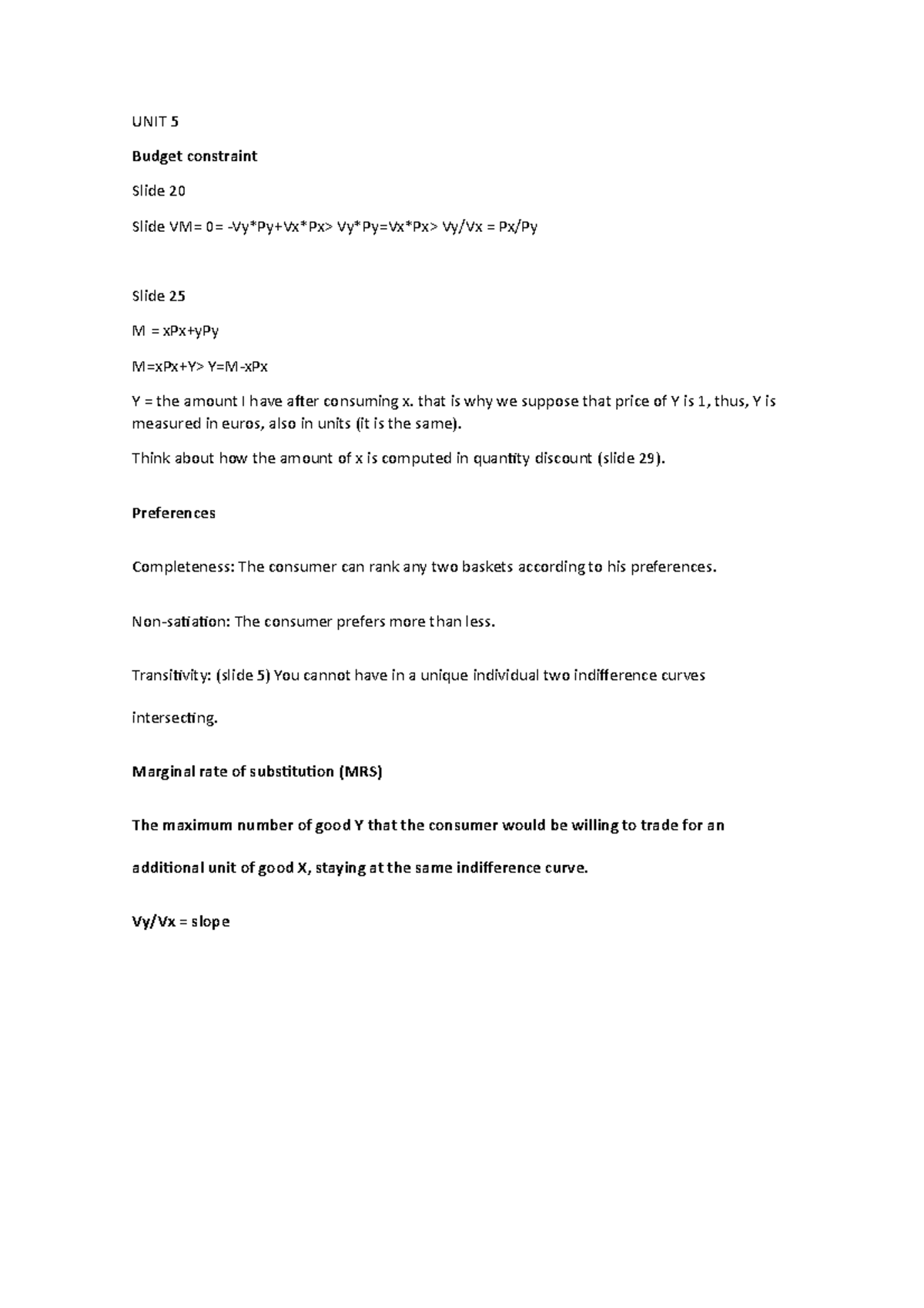 UNIT 5 - lecture notes - UNIT 5 Budget constraint Slide 20 Slide VM= 0 ...