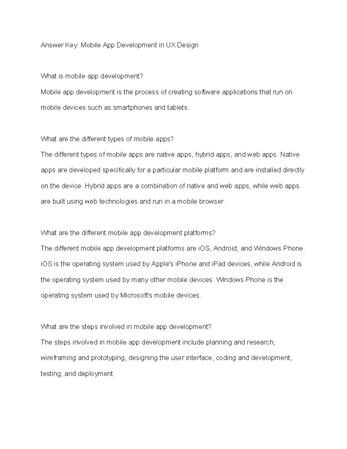 Answer Key Mobile App Development in UX Design What are the different