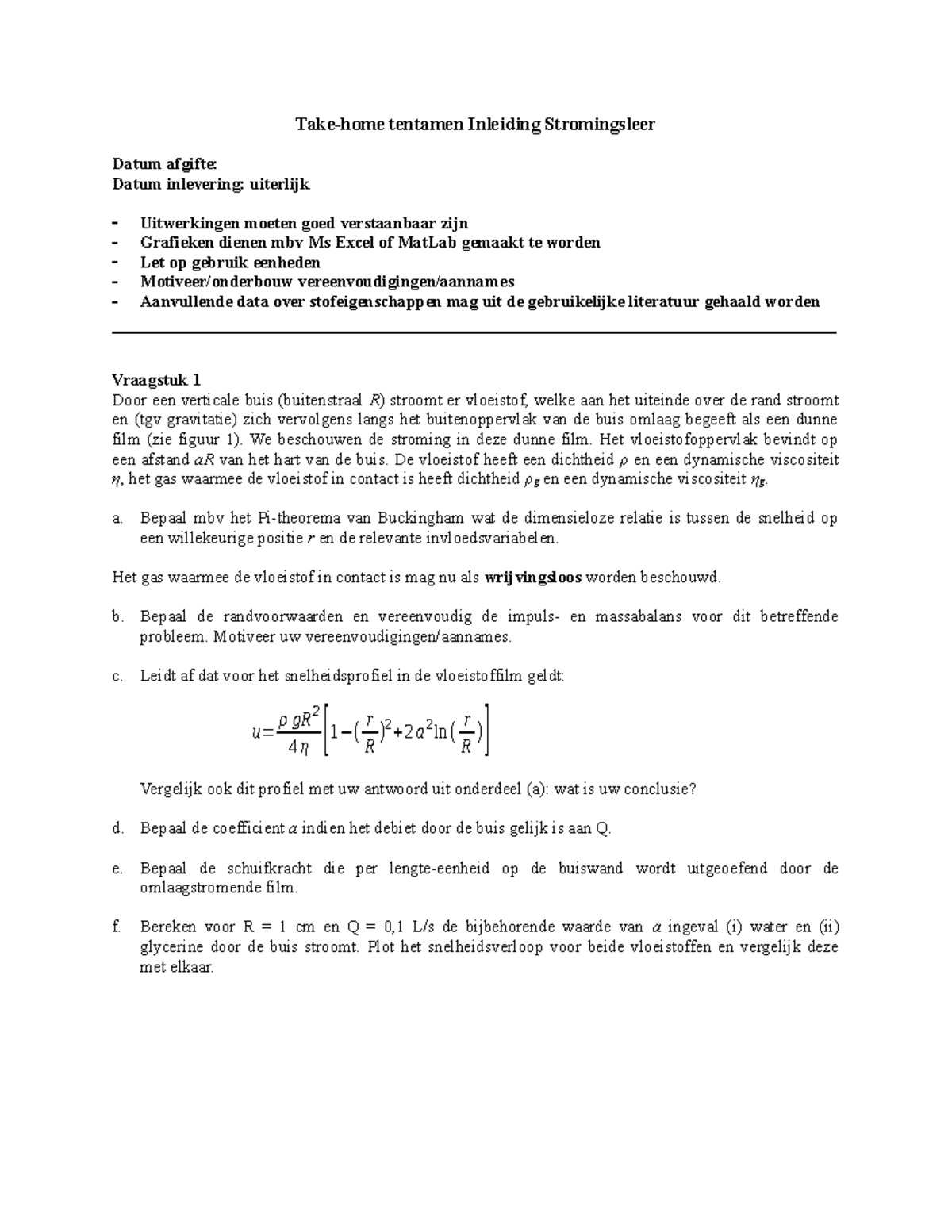 IS tentamensem 6 dec2020 Takehome tentamen Inleiding Stromingsleer