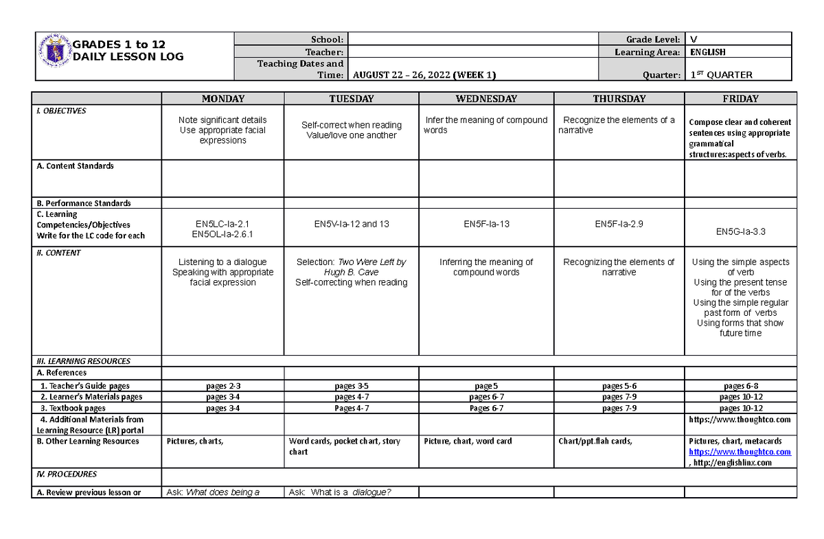 Grade 5 Dll English 5 Q1 Week 1 - Grades 1 To 12 Daily Lesson Log 