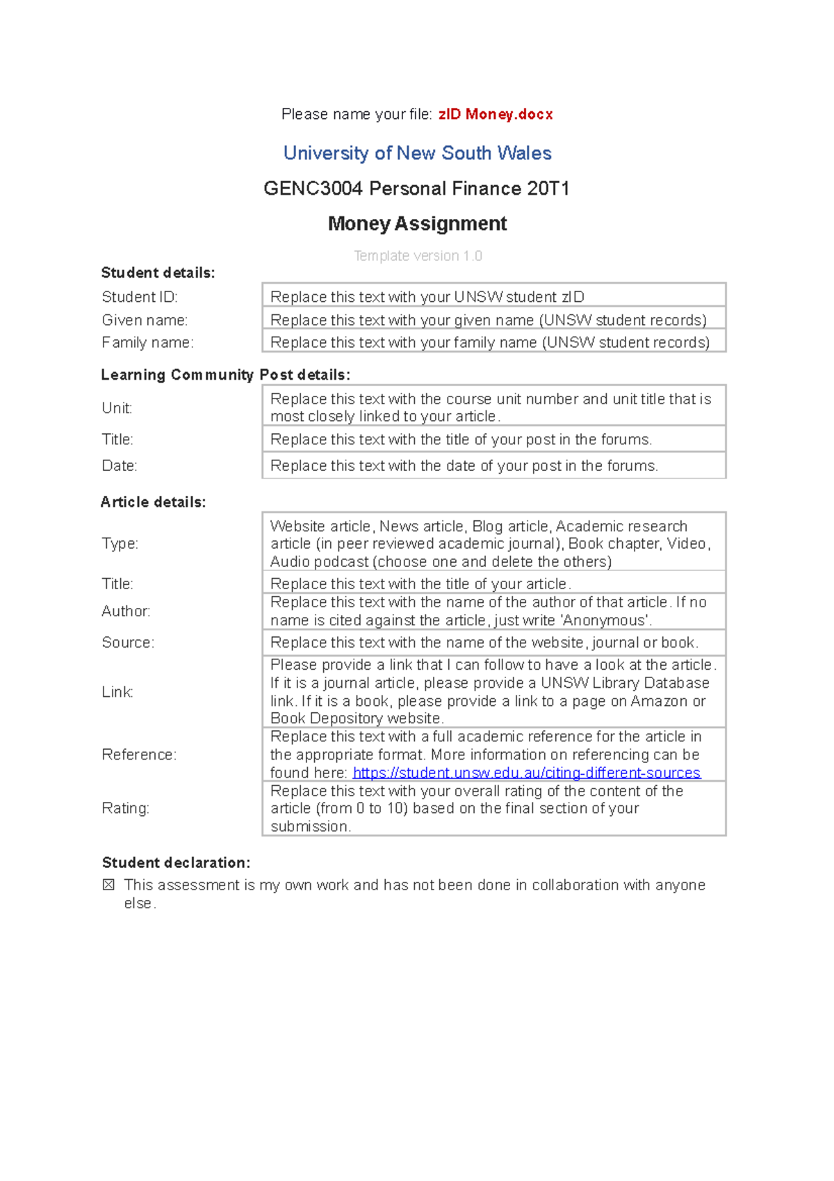 PF20T1 Money Assignment Template - Please name your file: zID Money ...