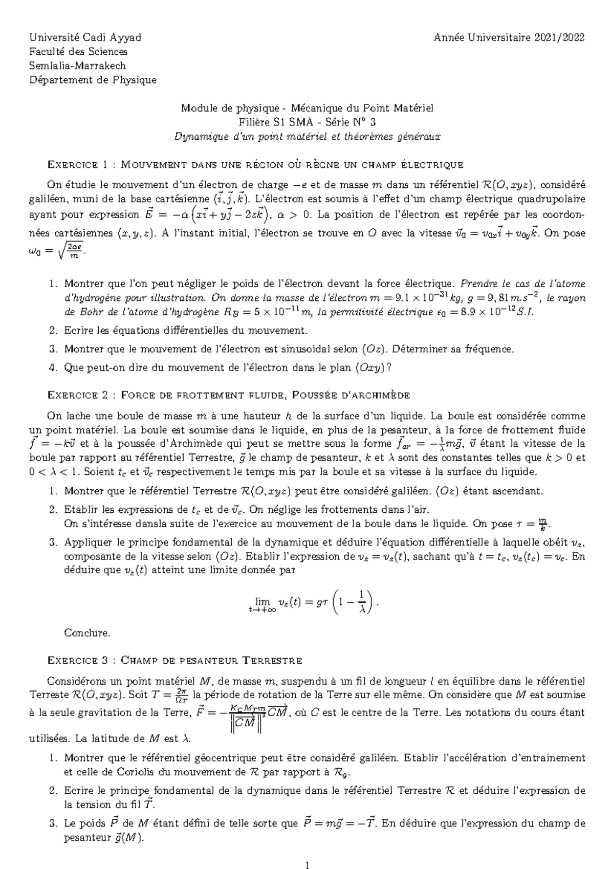 Td3 - Module de physique - M´ecanique du Point Mat´eriel Fili`ere S1 ...