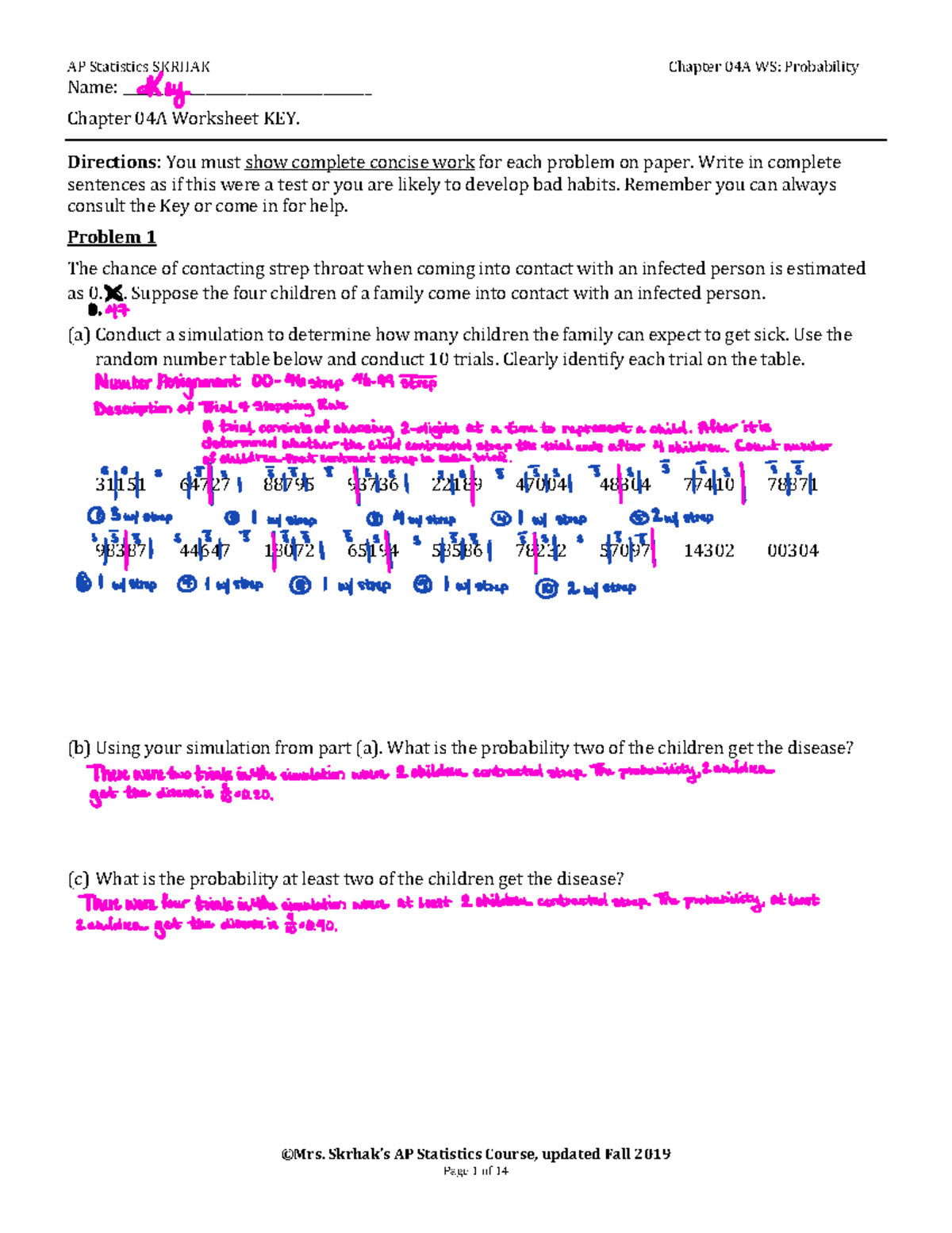 WS 04A Probability KEY - **©Mrs. Skrhak’s AP Statistics Course, updated ...